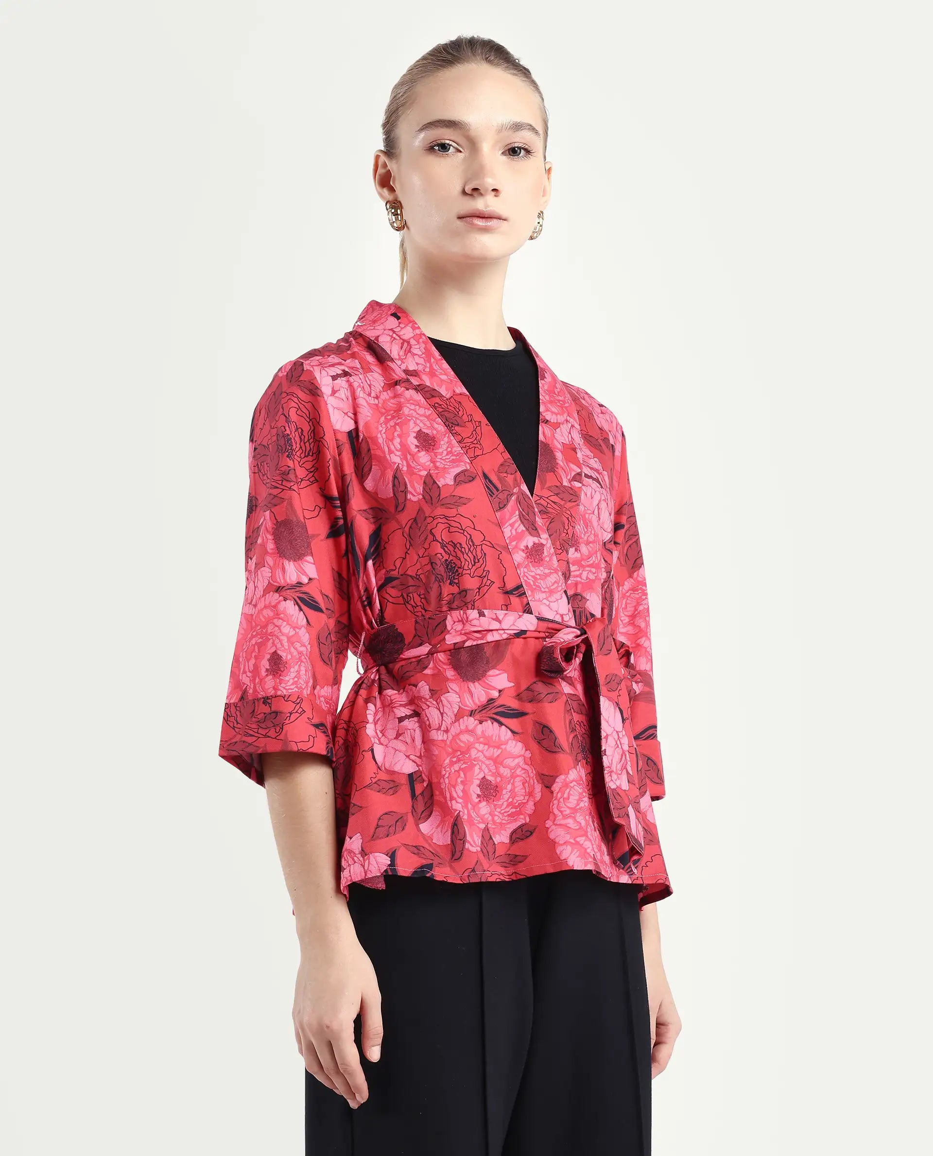 Rareism Women's Ramo Red Cotton Blend Overlap Neck Floral Print Regular Fit Top