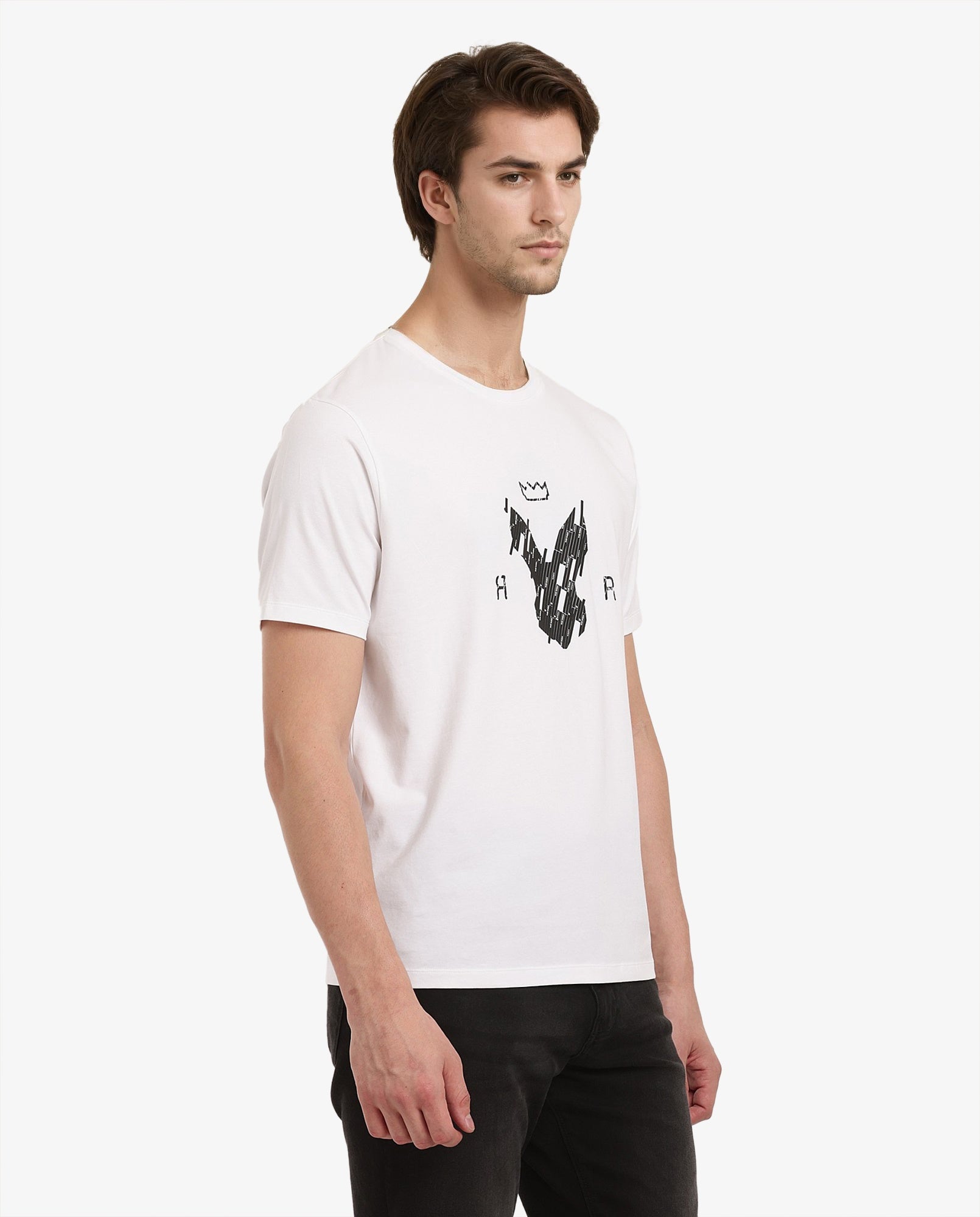 Rare Rabbit Men Ranato White Cotton Lycra Fabric Short Sleeve Crew Neck Regular Fit Logo Graphic Print T-Shirt