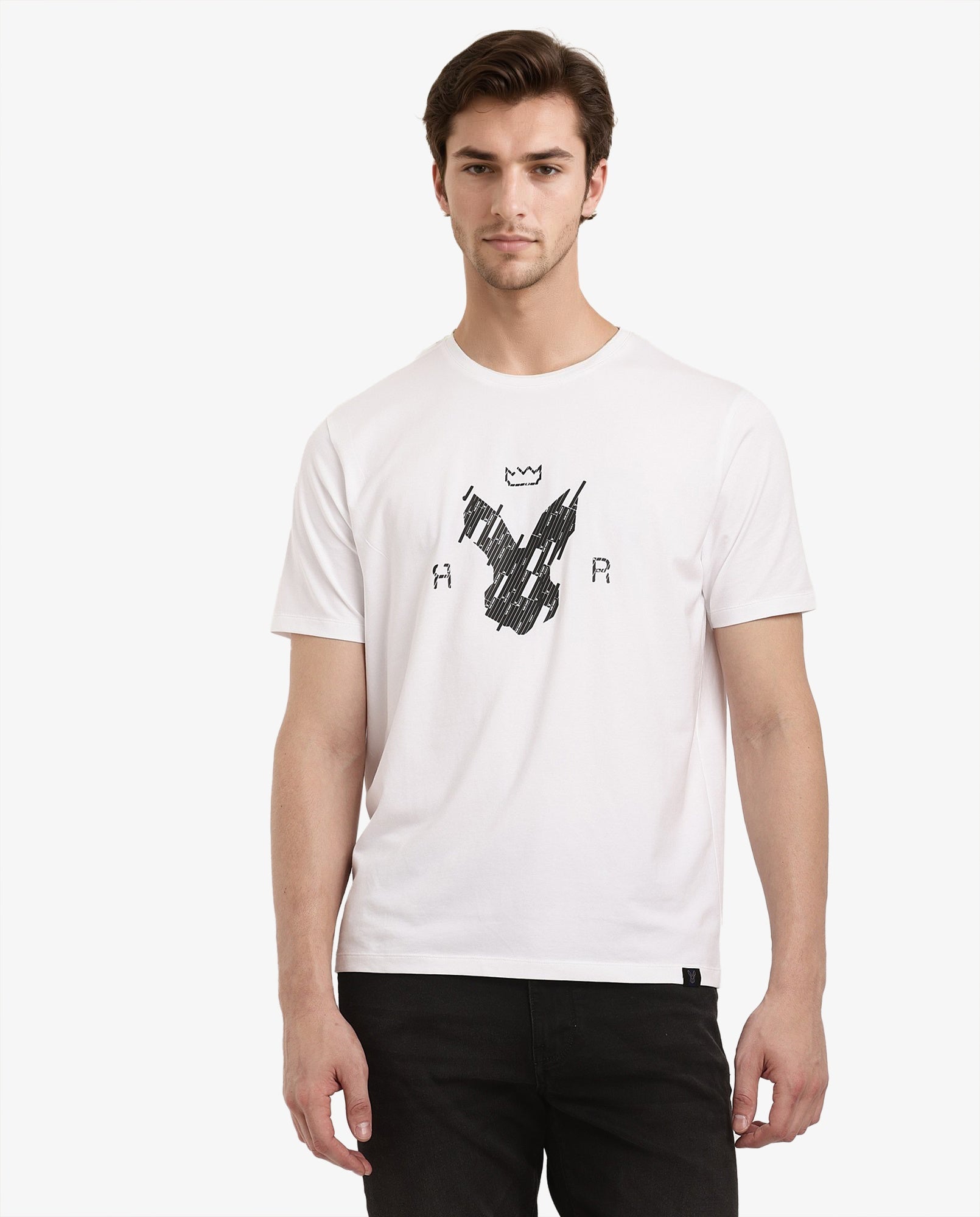 Rare Rabbit Men Ranato White Cotton Lycra Fabric Short Sleeve Crew Neck Regular Fit Logo Graphic Print T-Shirt