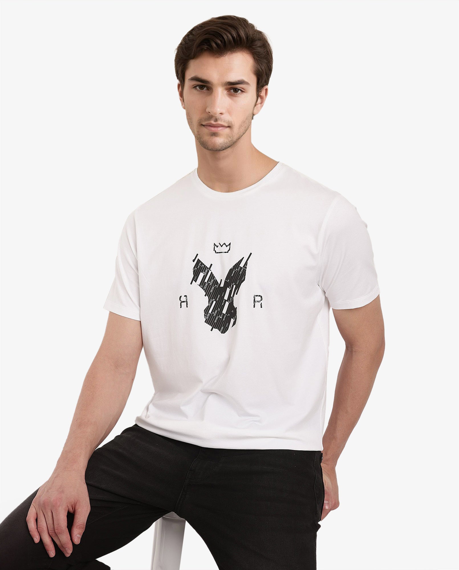 Rare Rabbit Men Ranato White Cotton Lycra Fabric Short Sleeve Crew Neck Regular Fit Logo Graphic Print T-Shirt