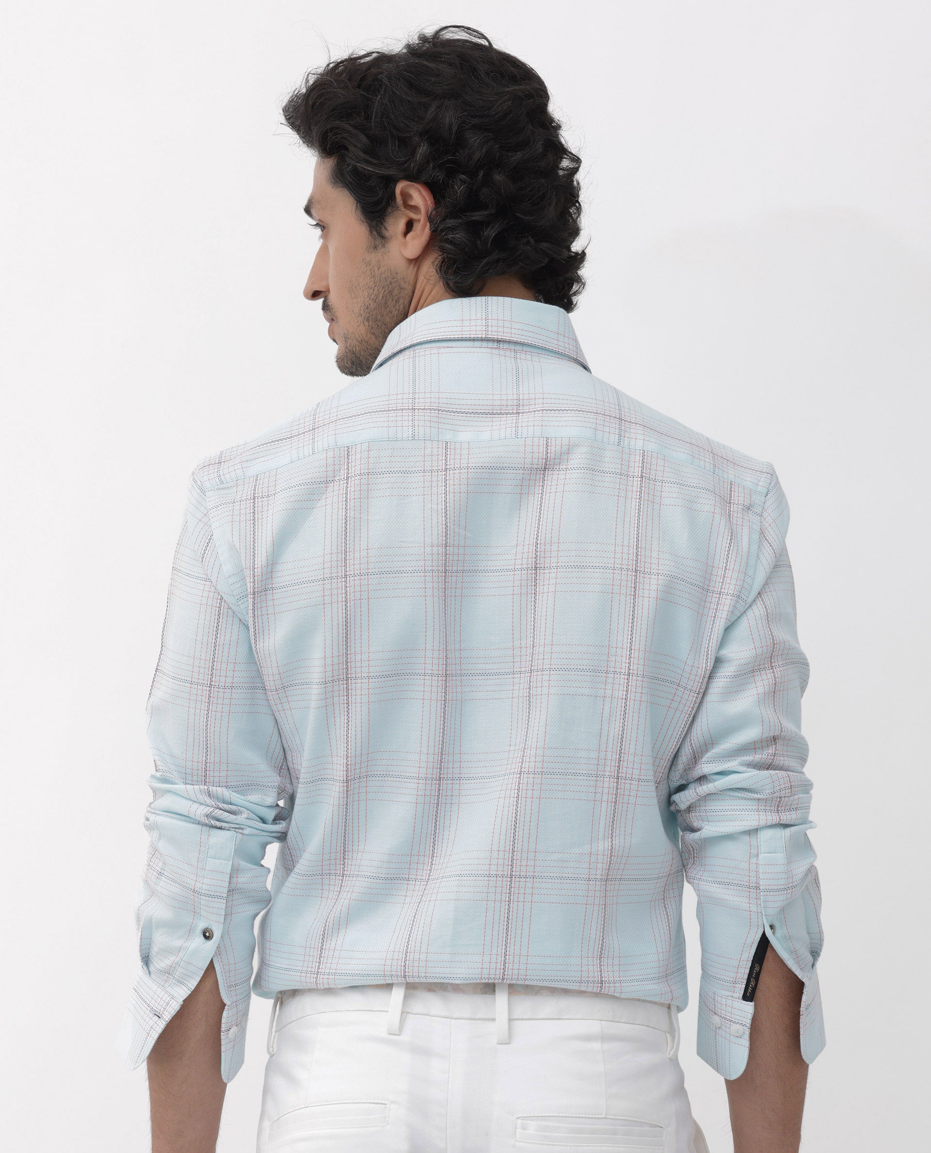 Rare Rabbit Mens Raul Light Blue Cotton Fabric Full Sleeves Checks Shirt