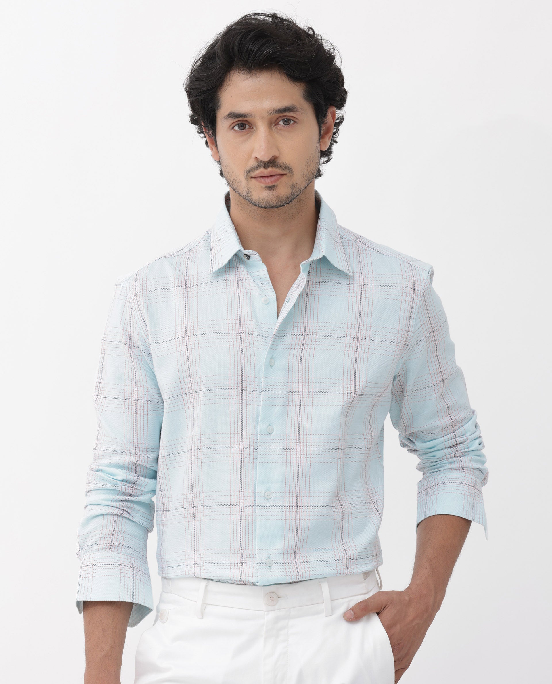 Rare Rabbit Mens Raul Light Blue Cotton Fabric Full Sleeves Checks Shirt