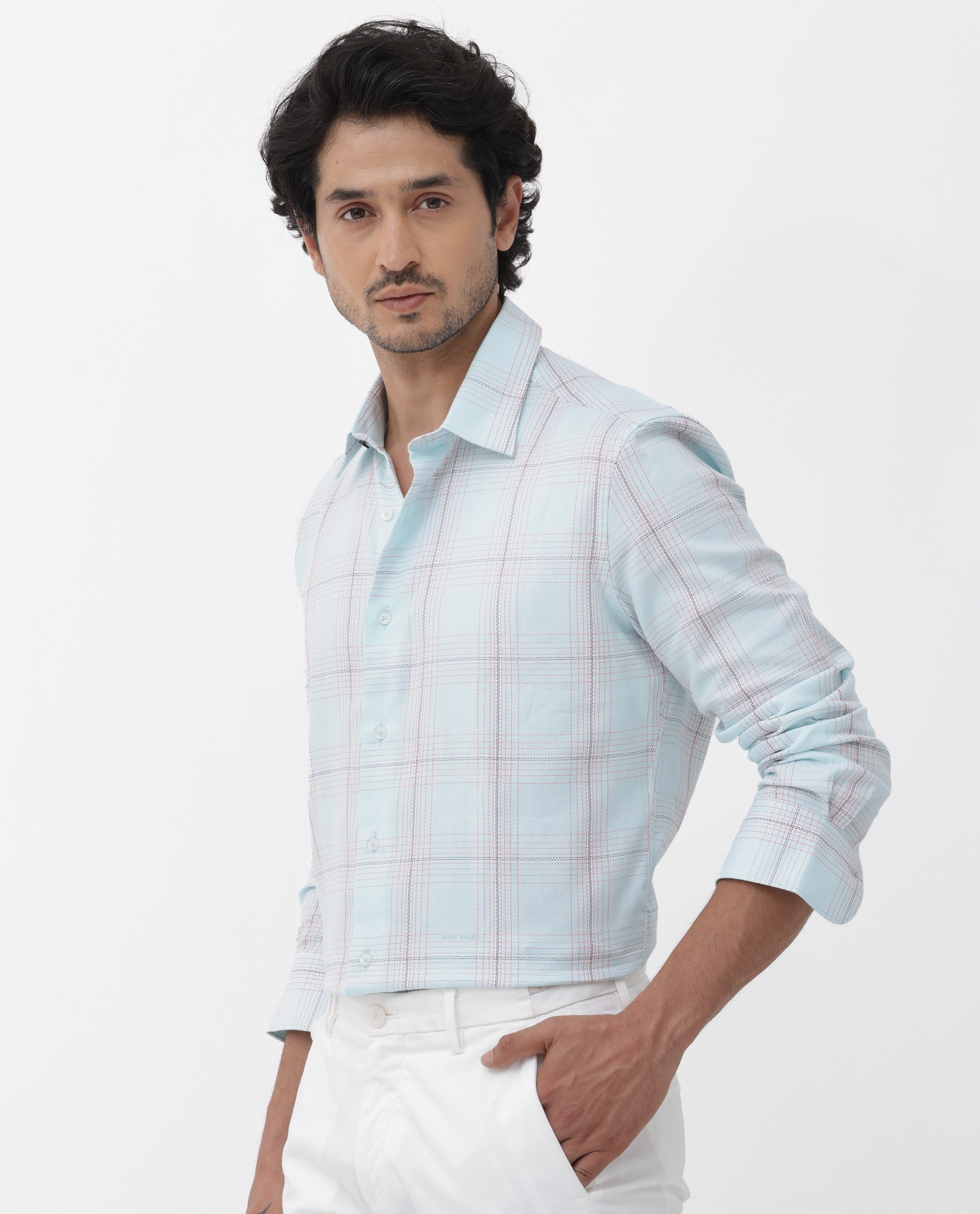 Rare Rabbit Mens Raul Light Blue Cotton Fabric Full Sleeves Checks Shirt