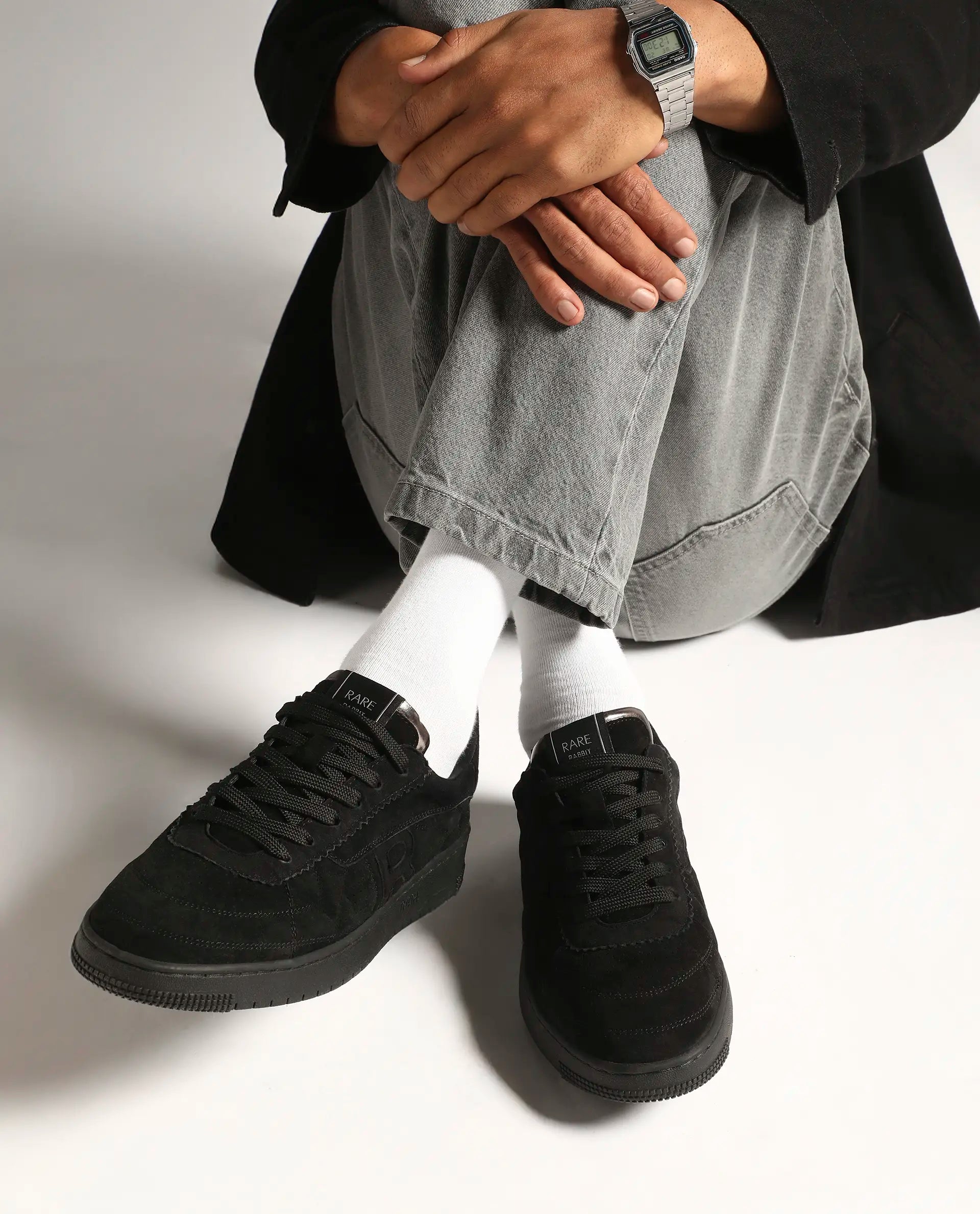 Rare Rabbit Men Ragno Black Genuine Suede Leather Low-Top Lace Up Sneaker Shoes