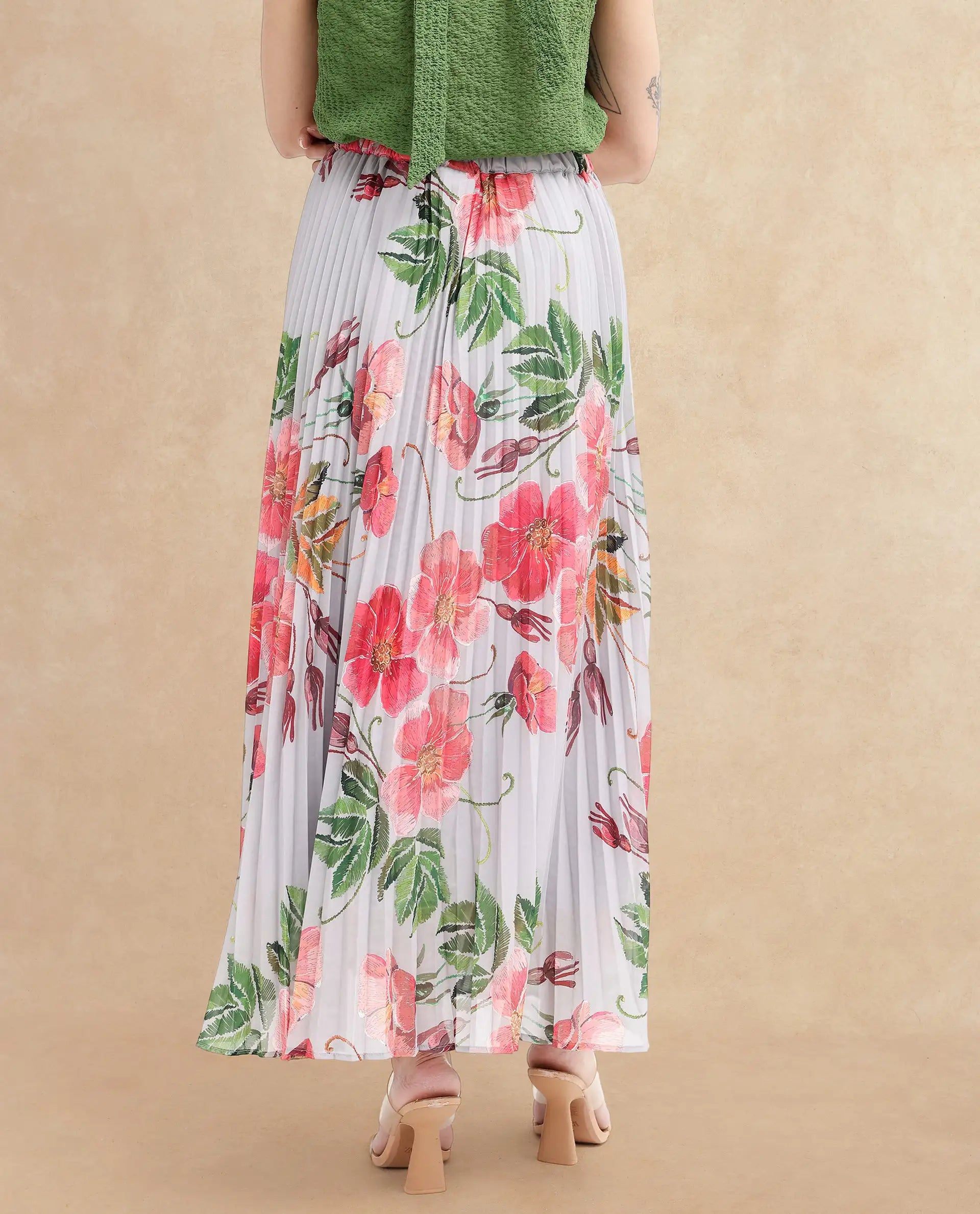 Rareism Women Rango Multi Flared Floral Print Maxi pleated Skirt