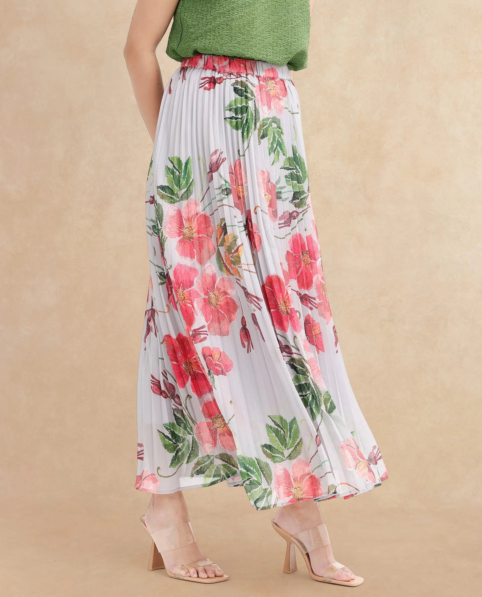 Rareism Women Rango Multi Flared Floral Print Maxi pleated Skirt