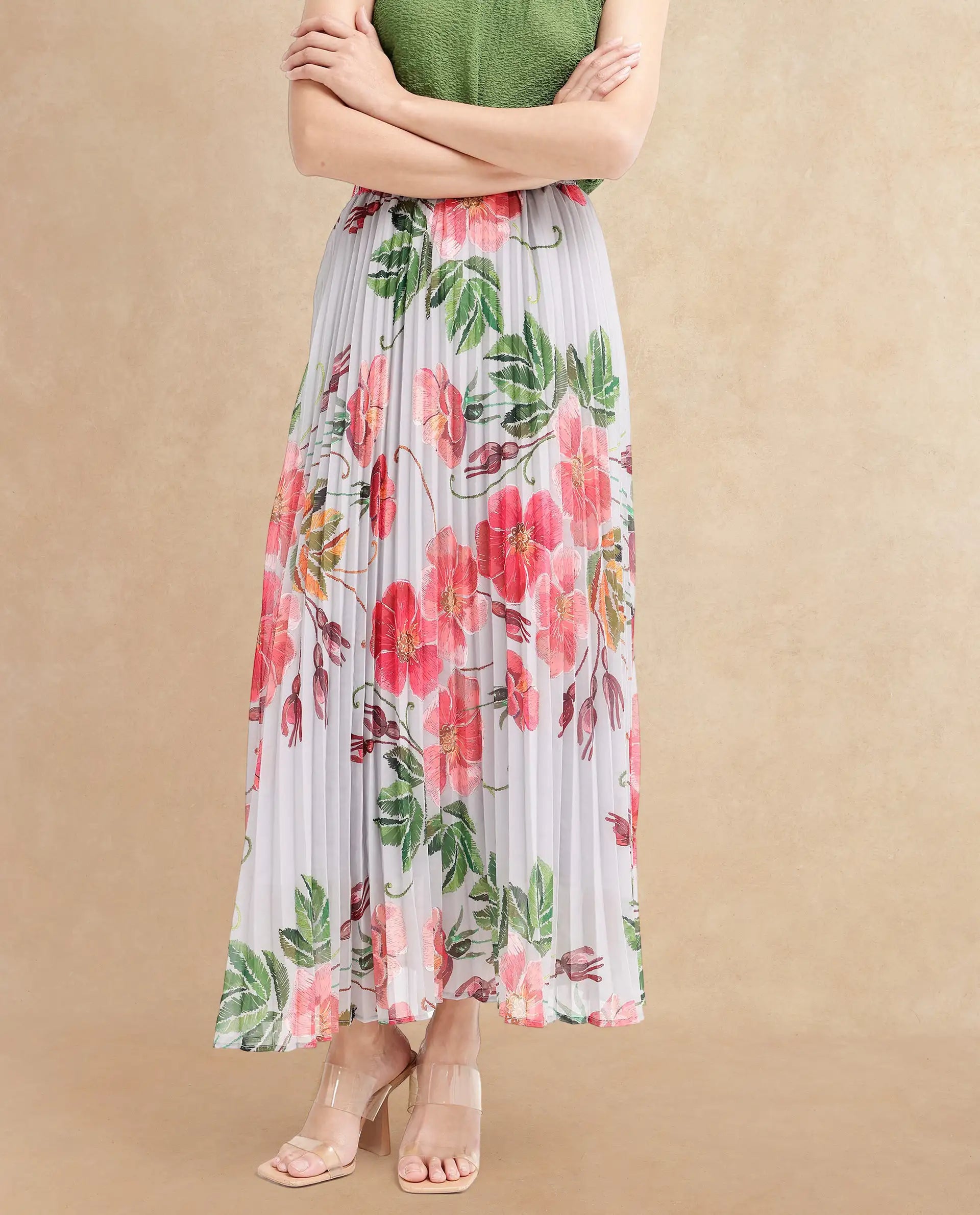 Rareism Women Rango Multi Flared Floral Print Maxi pleated Skirt