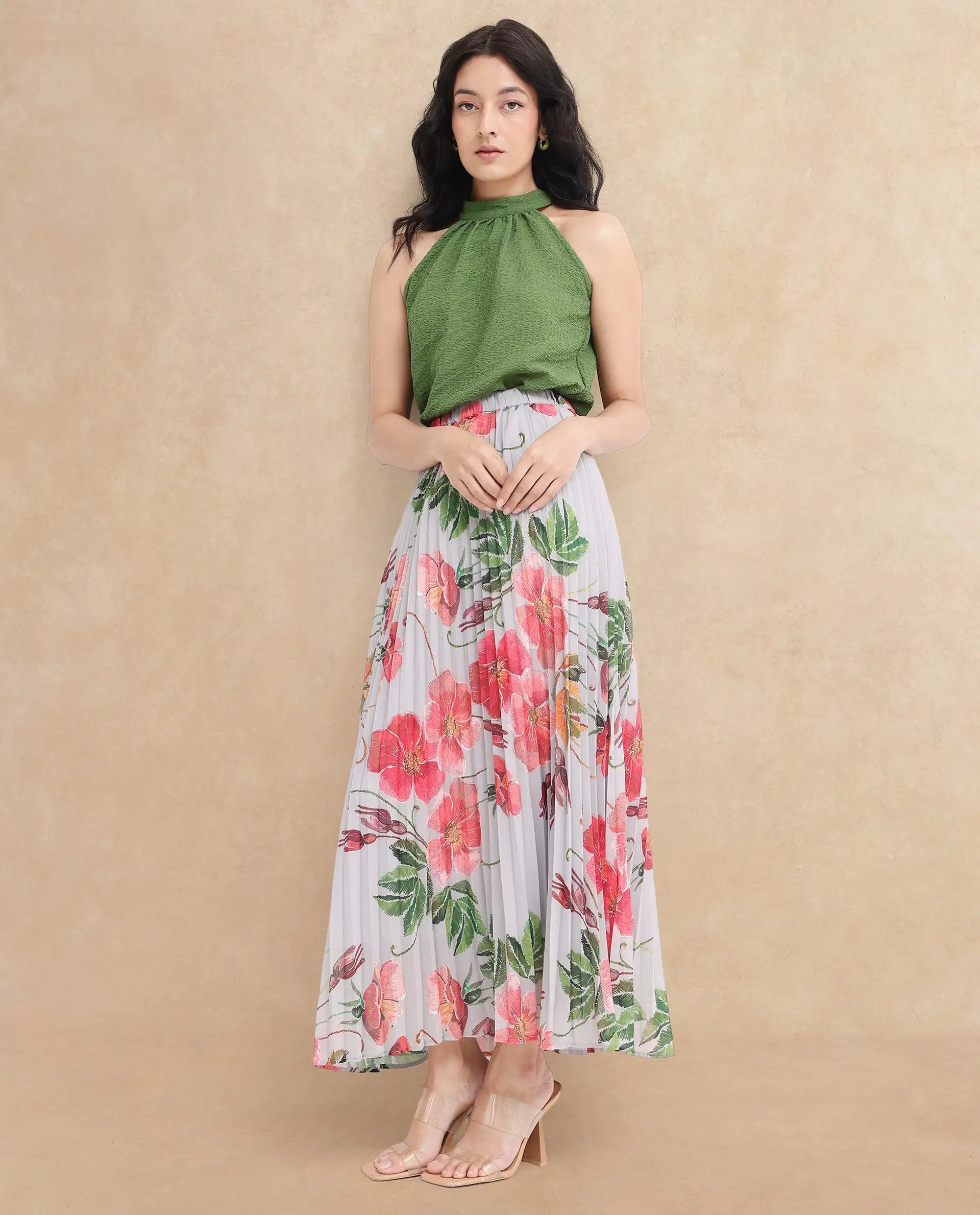 Rareism Women Rango Multi Flared Floral Print Maxi pleated Skirt