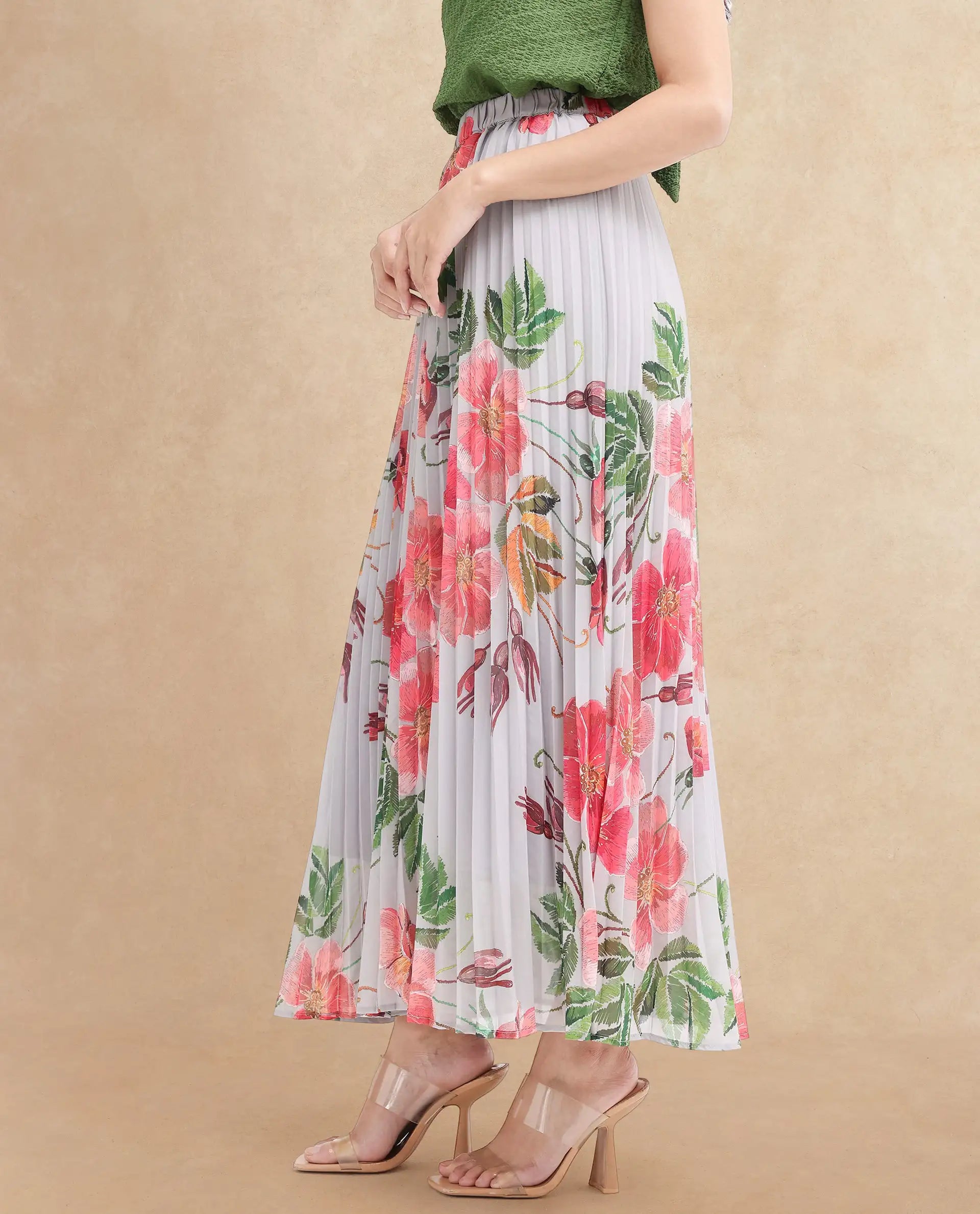 Rareism Women Rango Multi Flared Floral Print Maxi pleated Skirt