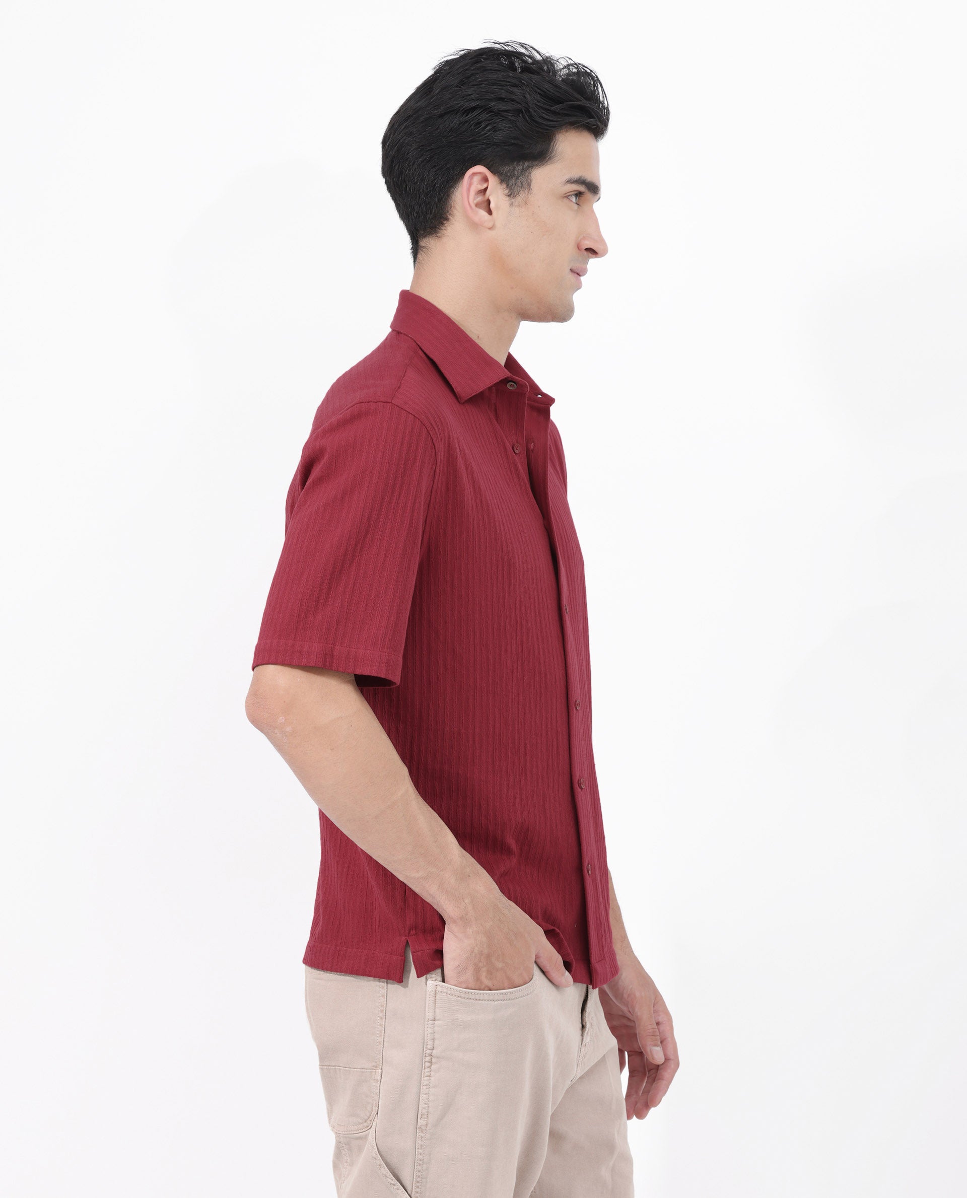 Rare Rabbit Men's Tano Red Cotton Polyester Fabric Half Sleeves Boxy Fit Self Stripe Textured Knit Shirt