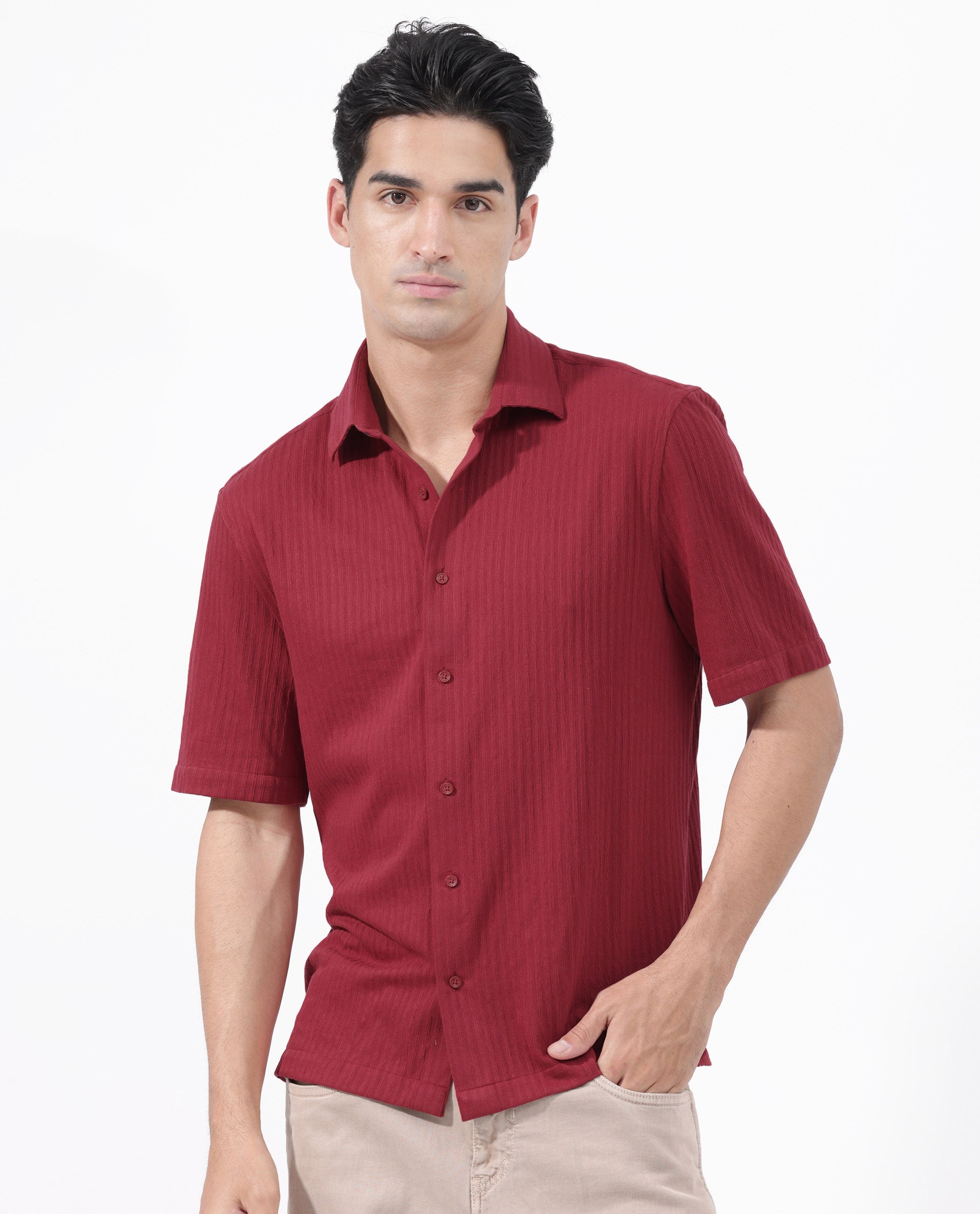 Rare Rabbit Men's Tano Red Cotton Polyester Fabric Half Sleeves Boxy Fit Self Stripe Textured Knit Shirt