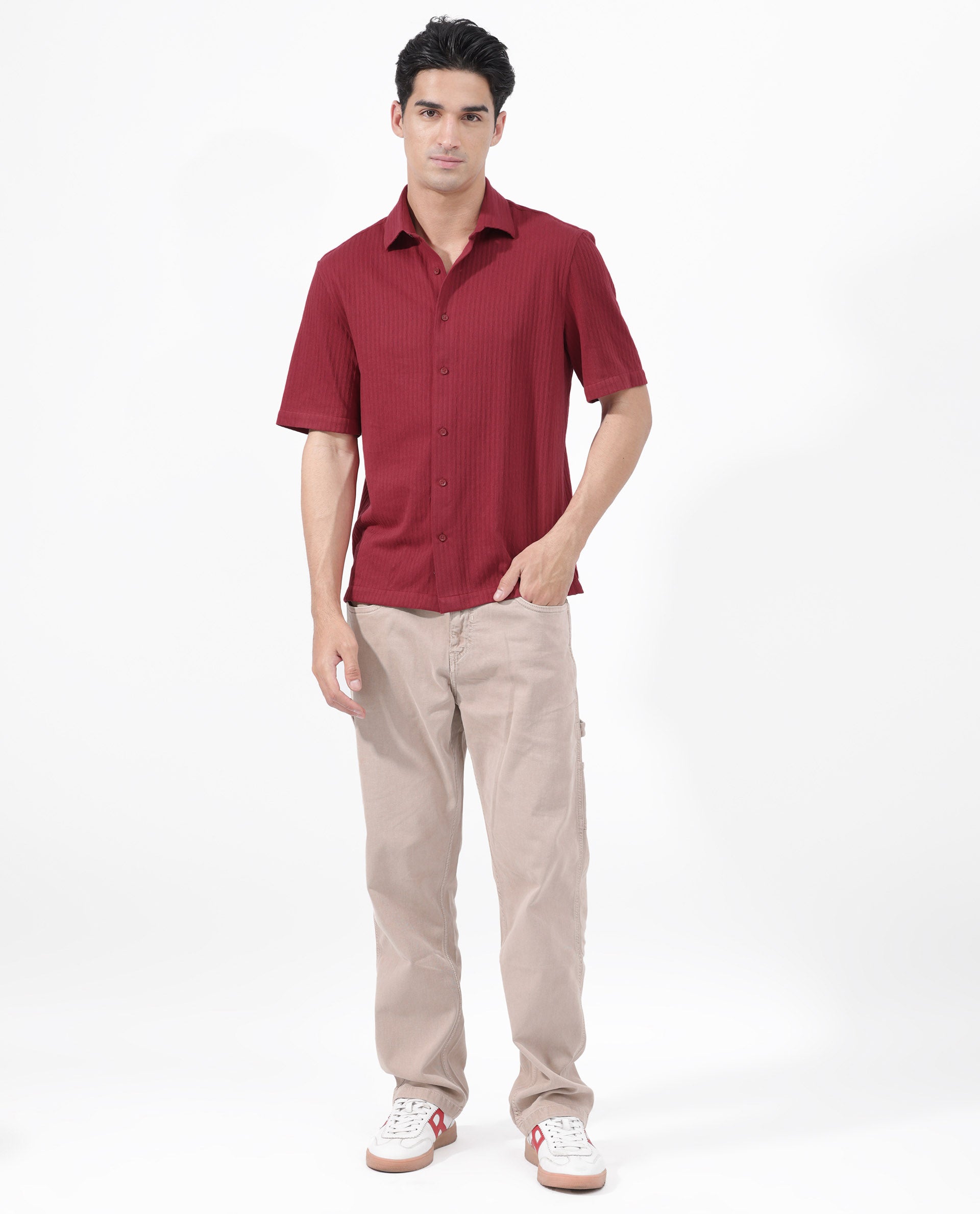 Rare Rabbit Men's Tano Red Cotton Polyester Fabric Half Sleeves Boxy Fit Self Stripe Textured Knit Shirt