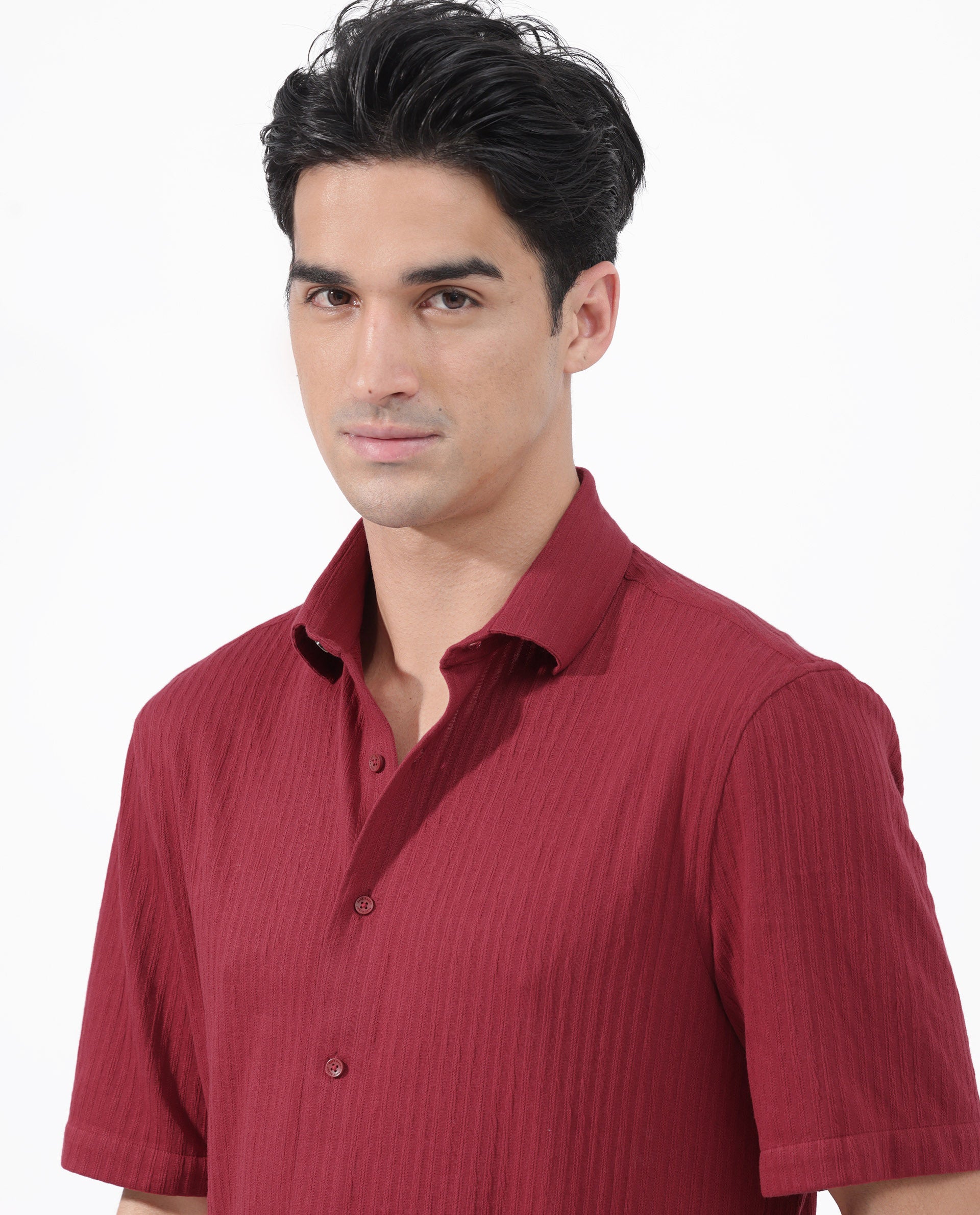 Rare Rabbit Men's Tano Red Cotton Polyester Fabric Half Sleeves Boxy Fit Self Stripe Textured Knit Shirt