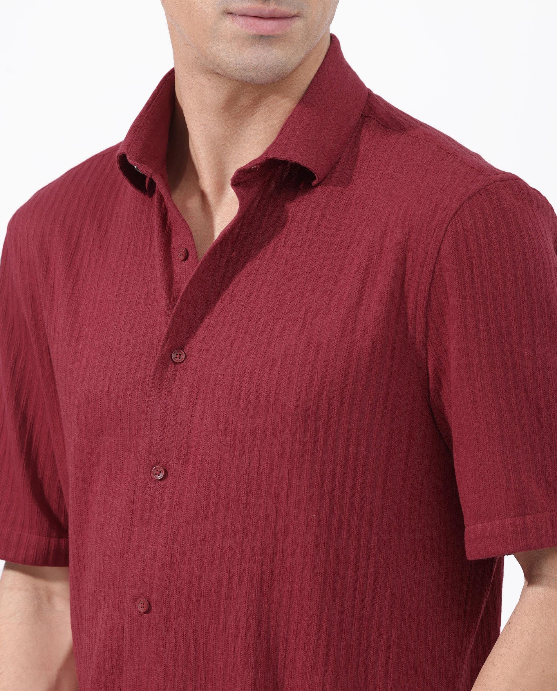 Rare Rabbit Men's Tano Red Cotton Polyester Fabric Half Sleeves Boxy Fit Self Stripe Textured Knit Shirt