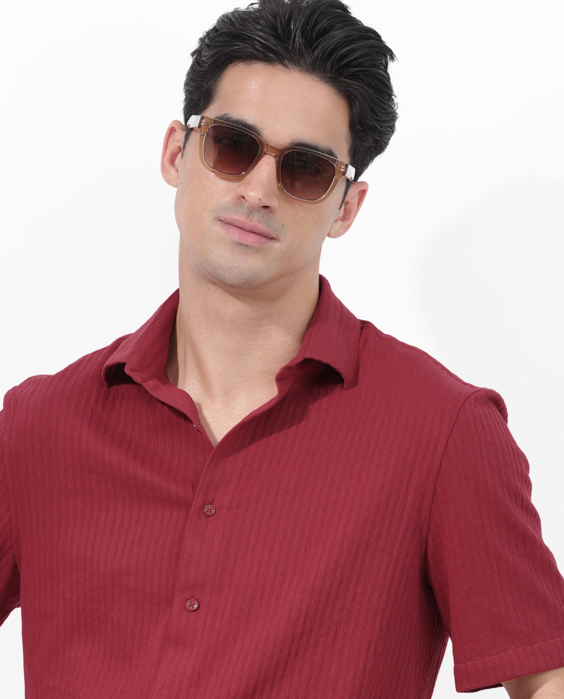 Rare Rabbit Men's Tano Red Cotton Polyester Fabric Half Sleeves Boxy Fit Self Stripe Textured Knit Shirt