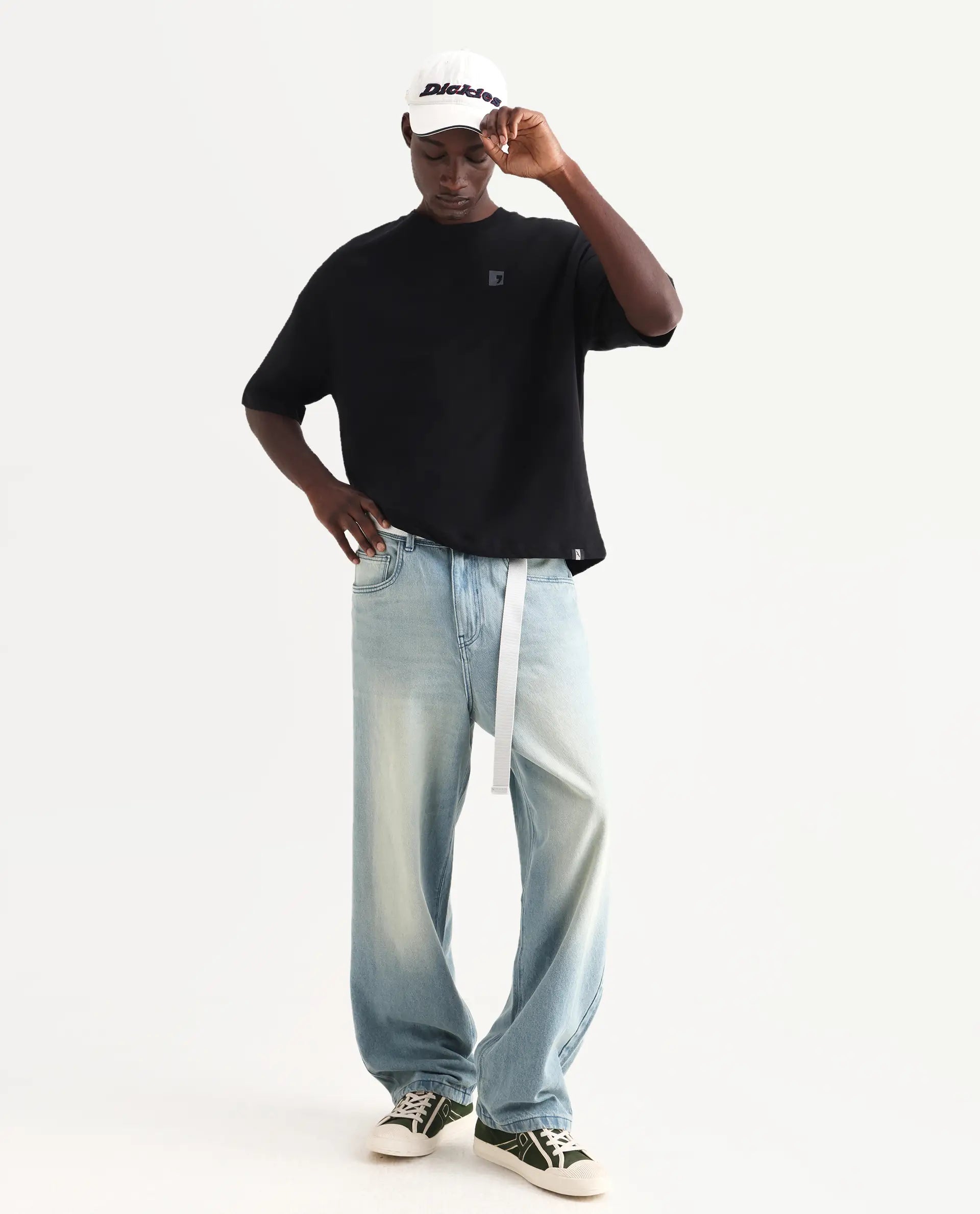 Rare Rabbit Men's Rano Black Cotton Graphic Print Oversized Fit Half Sleeve Crew Neck T-Shirt