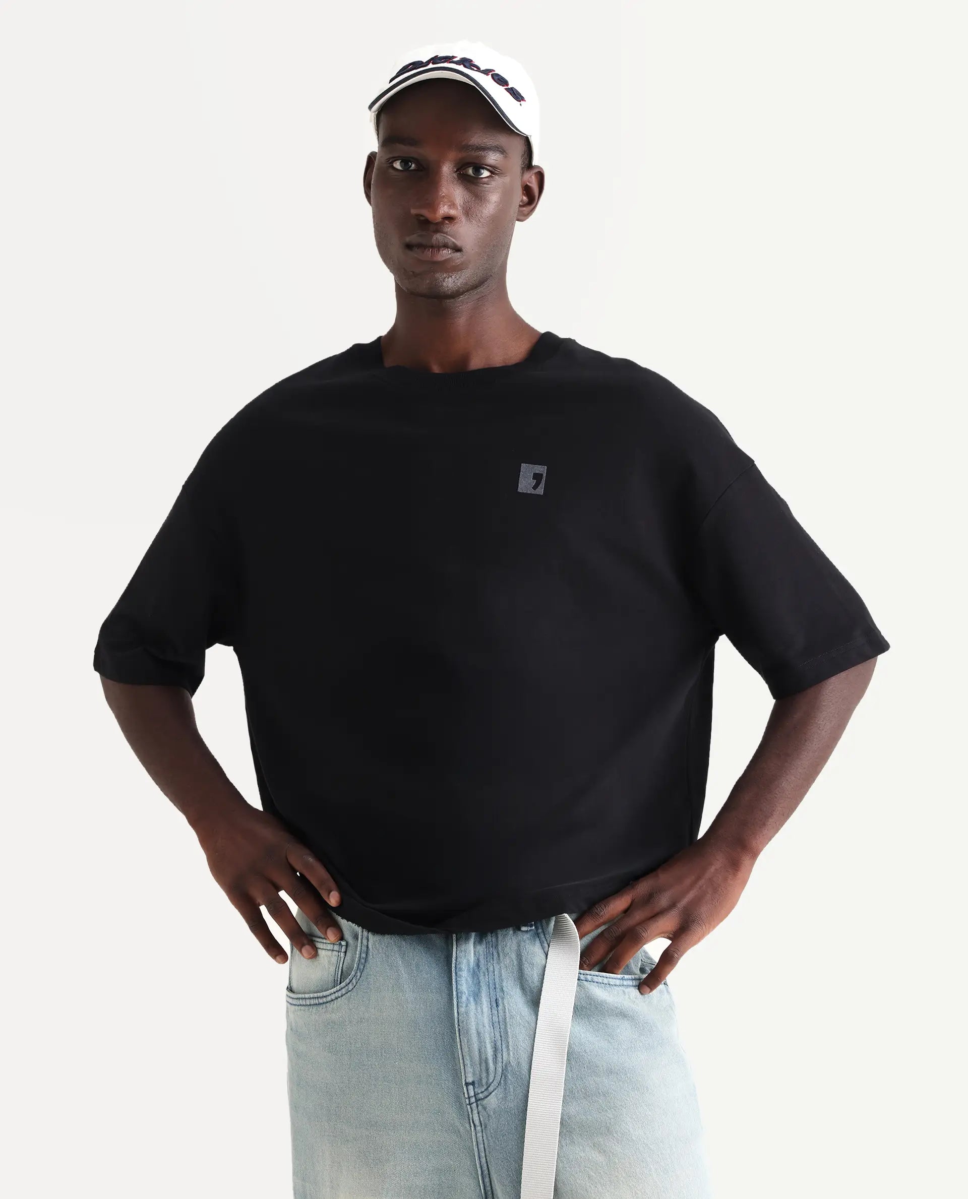 Rare Rabbit Men's Rano Black Cotton Graphic Print Oversized Fit Half Sleeve Crew Neck T-Shirt