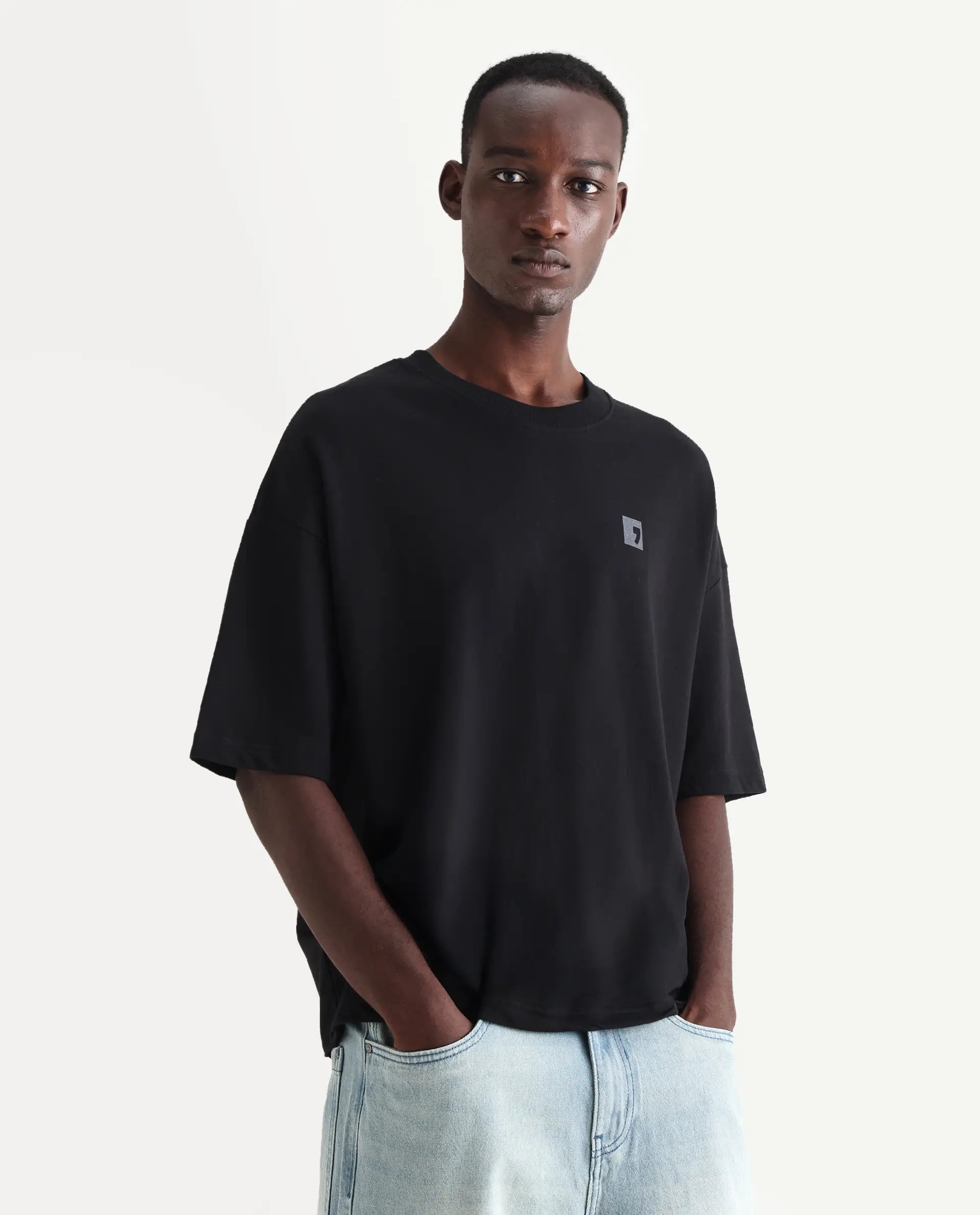 Rare Rabbit Men's Rano Black Cotton Graphic Print Oversized Fit Half Sleeve Crew Neck T-Shirt