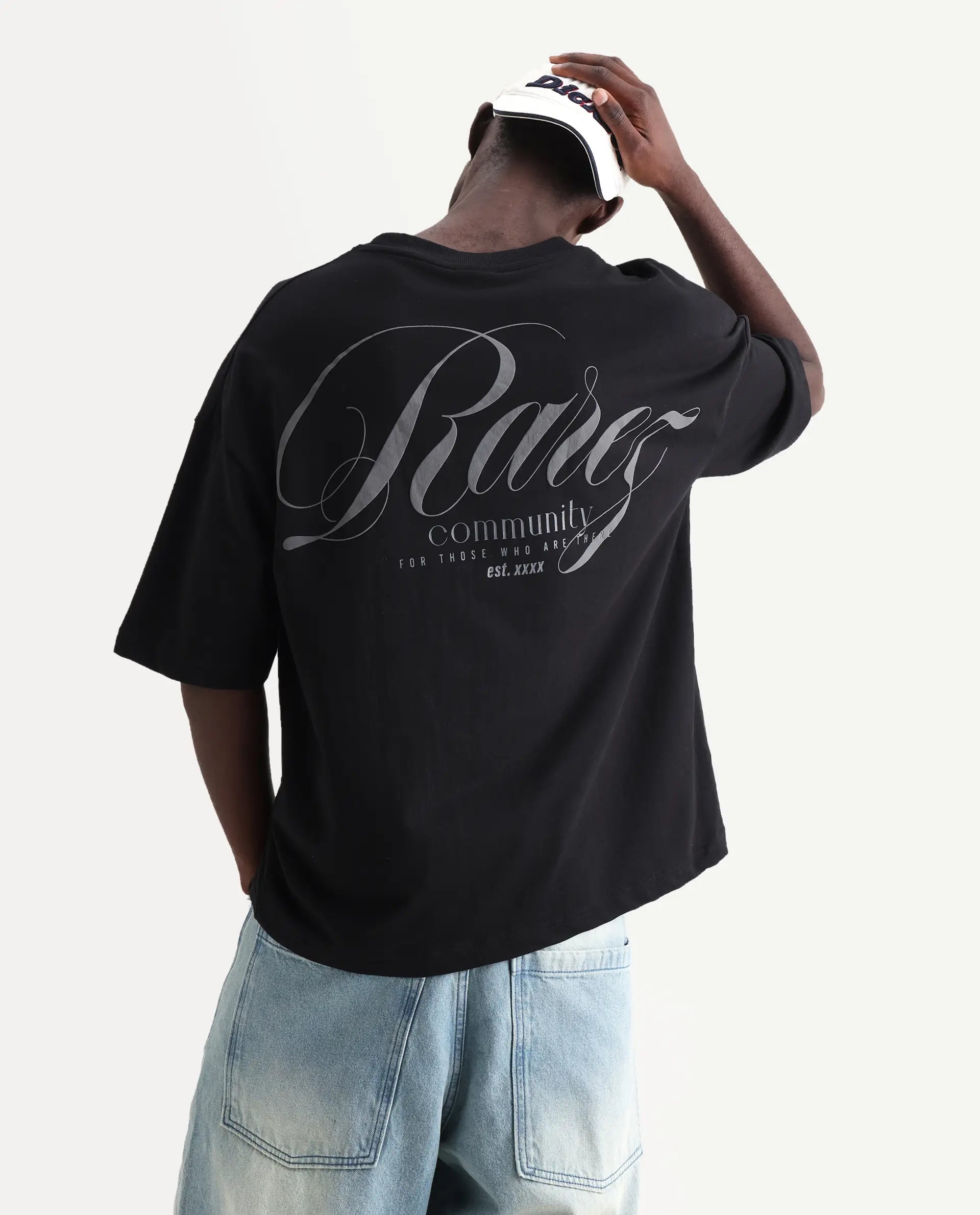 Rare Rabbit Men's Rano Black Cotton Graphic Print Oversized Fit Half Sleeve Crew Neck T-Shirt