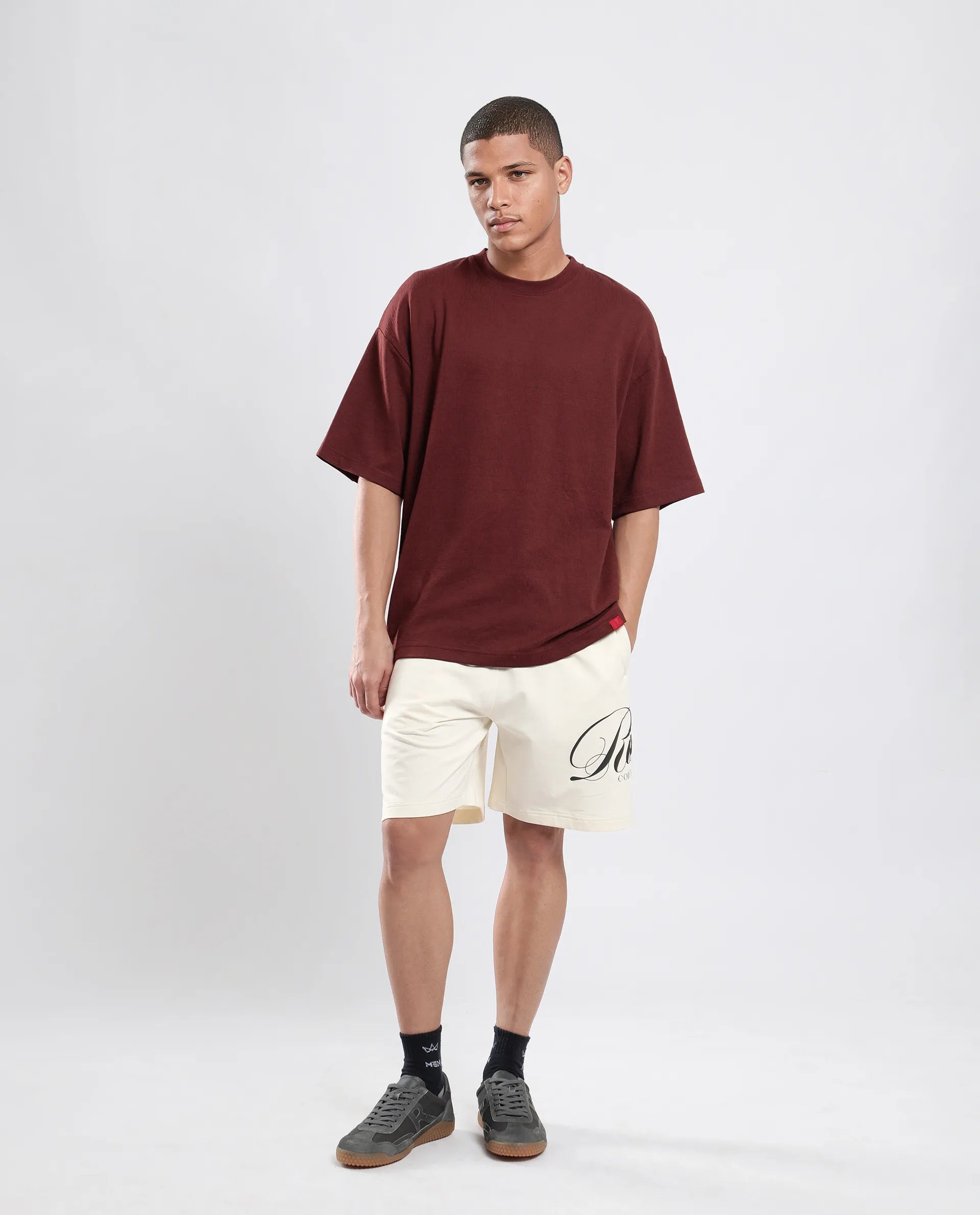 Rare Rabbit Men's Ranot Off White Cotton Graphic Print Oversized Fit Shorts