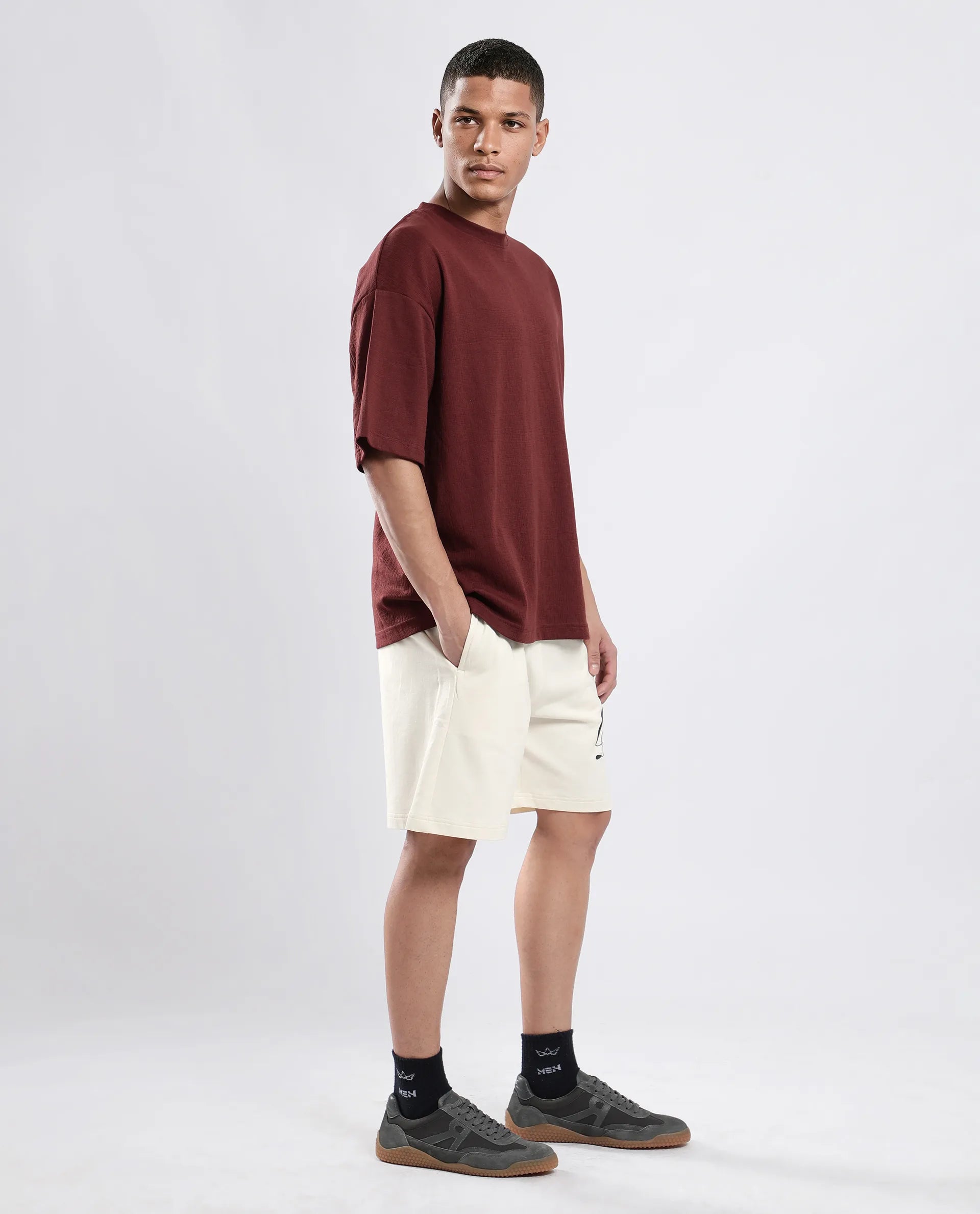 Rare Rabbit Men's Ranot Off White Cotton Graphic Print Oversized Fit Shorts