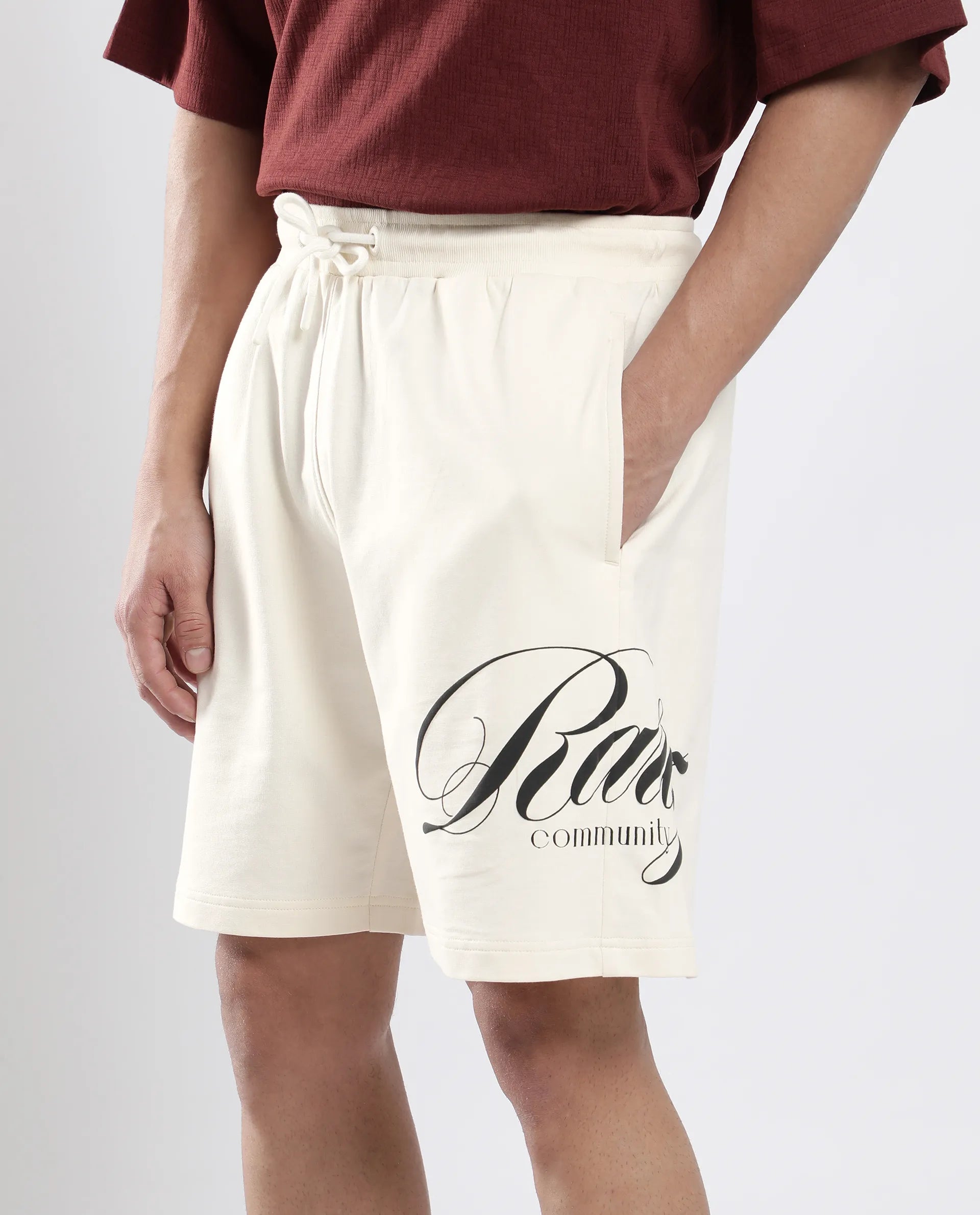 Rare Rabbit Men's Ranot Off White Cotton Graphic Print Oversized Fit Shorts