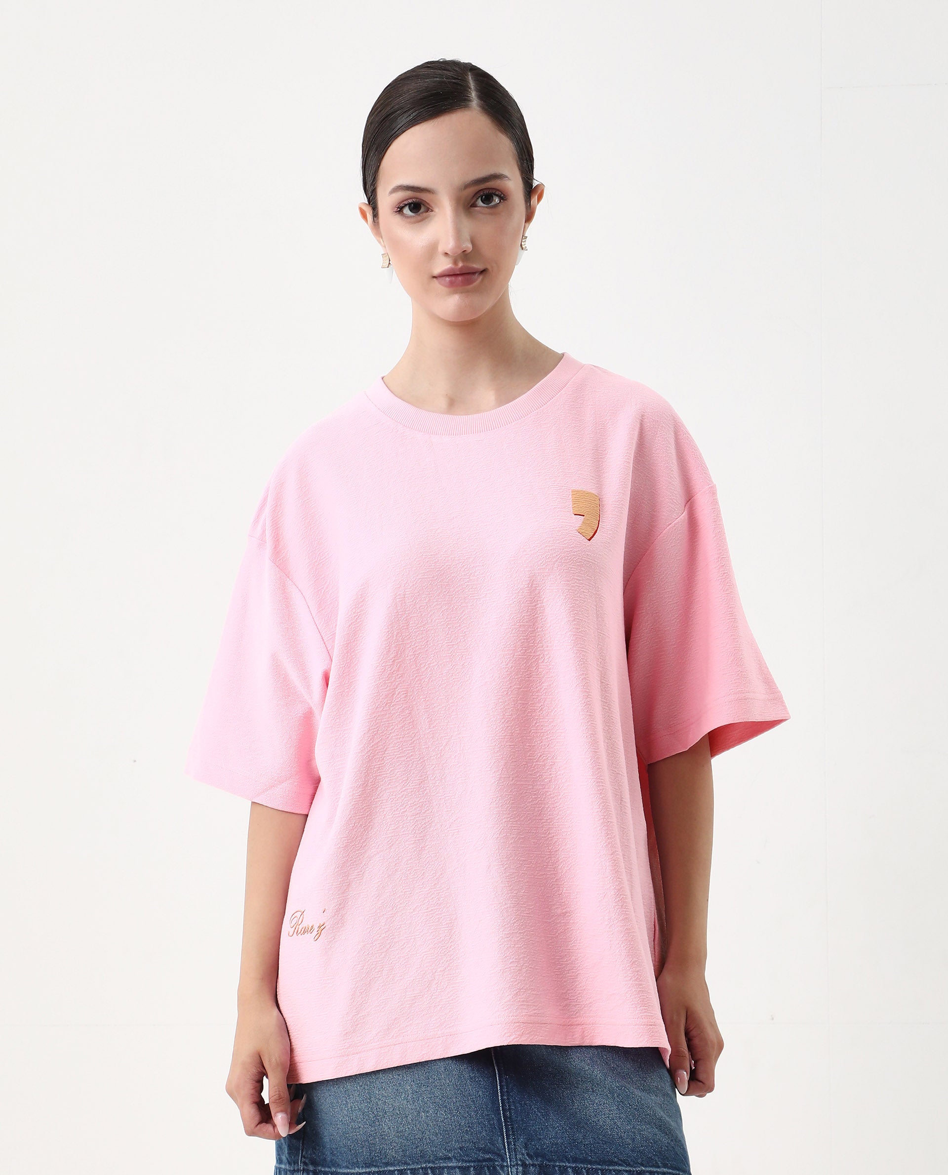 Rareism Women's Ransa Pink Cotton Graphic Print Oversized T-Shirt