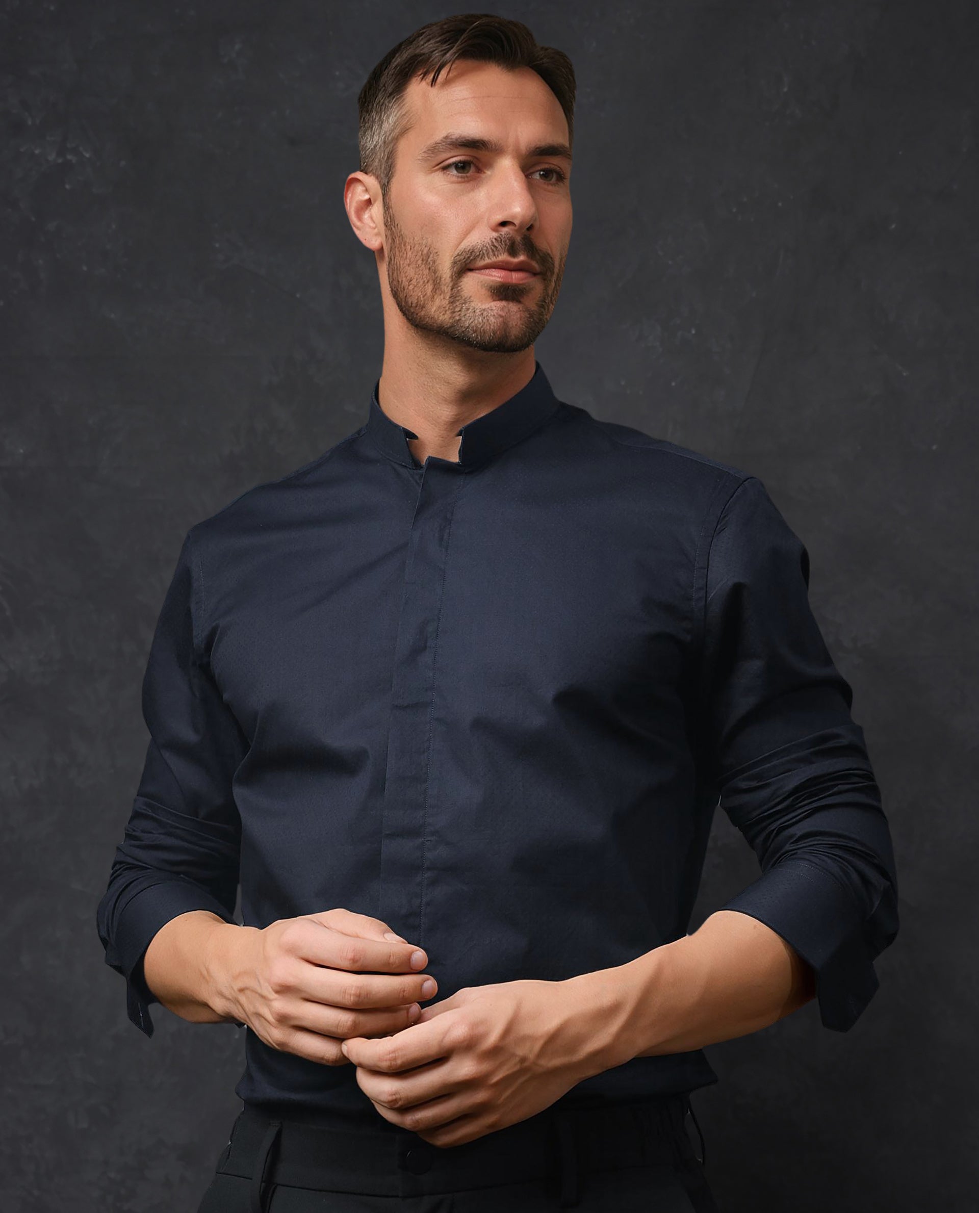 Rare Rabbit Men's Radon Navy Cotton Fabric Mandarin Collar Full Sleeves Solid Shirt