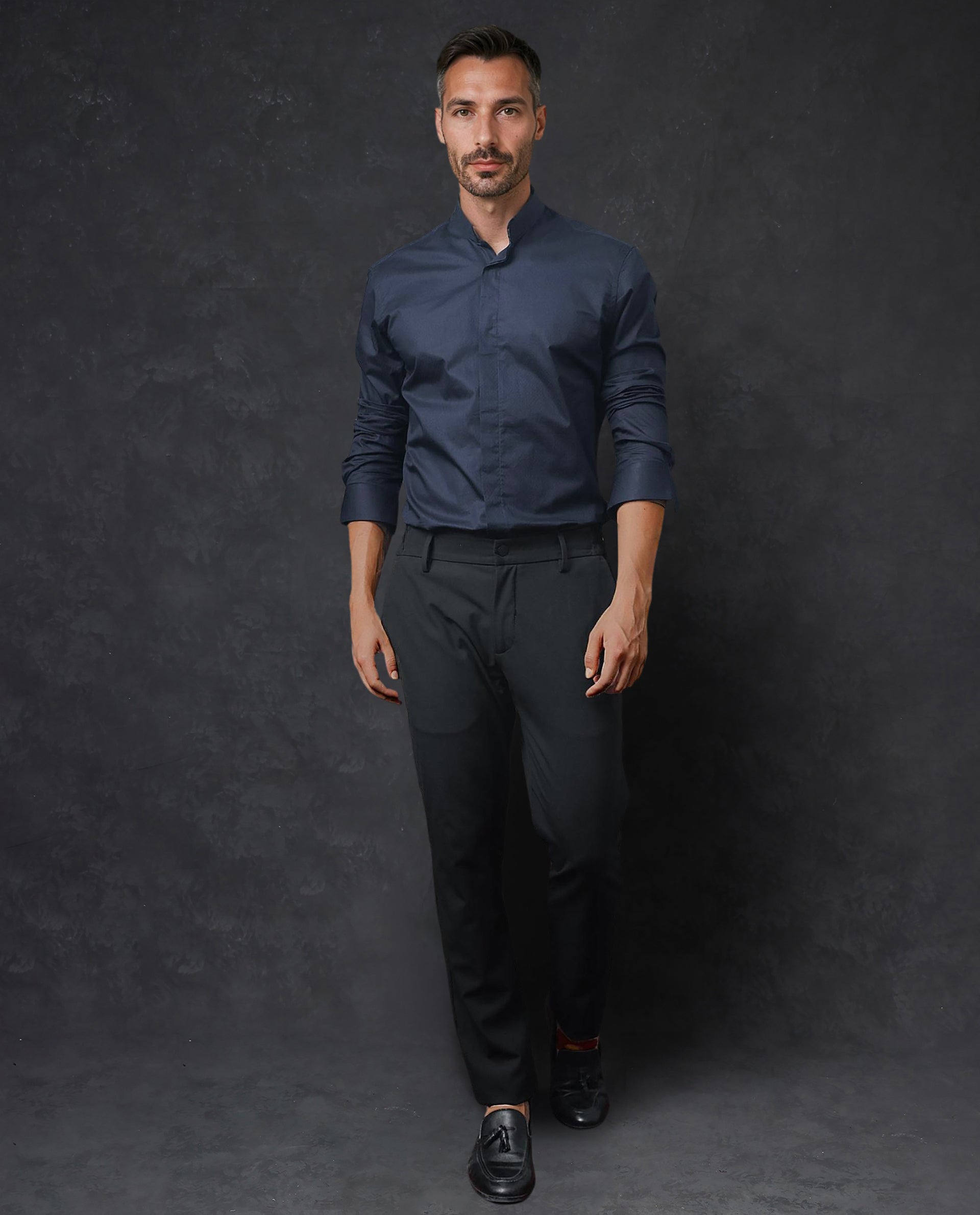 Rare Rabbit Men's Radon Navy Cotton Fabric Mandarin Collar Full Sleeves Solid Shirt