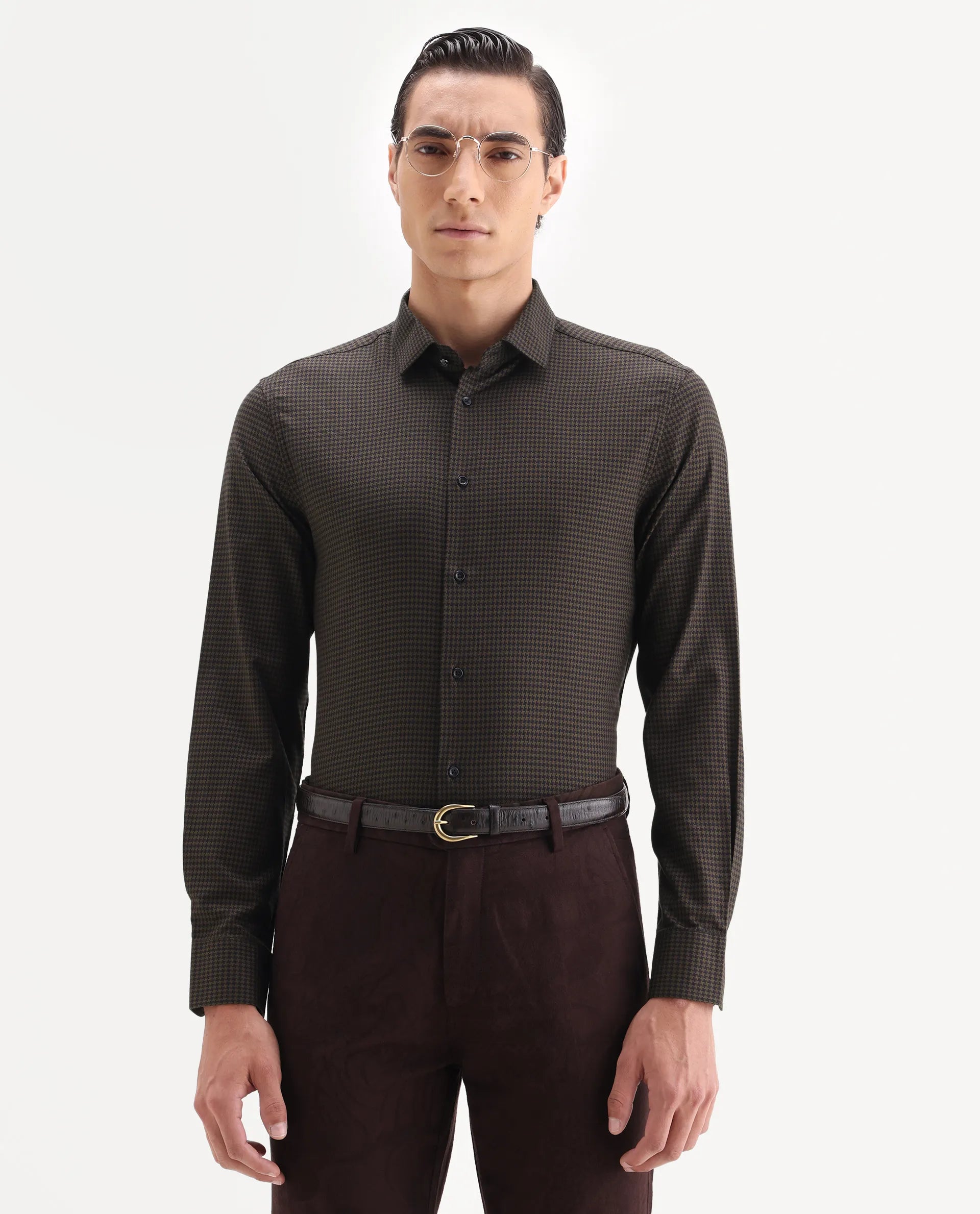 Rare Rabbit Men's Rapid-25 Brown Cotton Fabric Collared Neck Regular Fit Checks Shirt