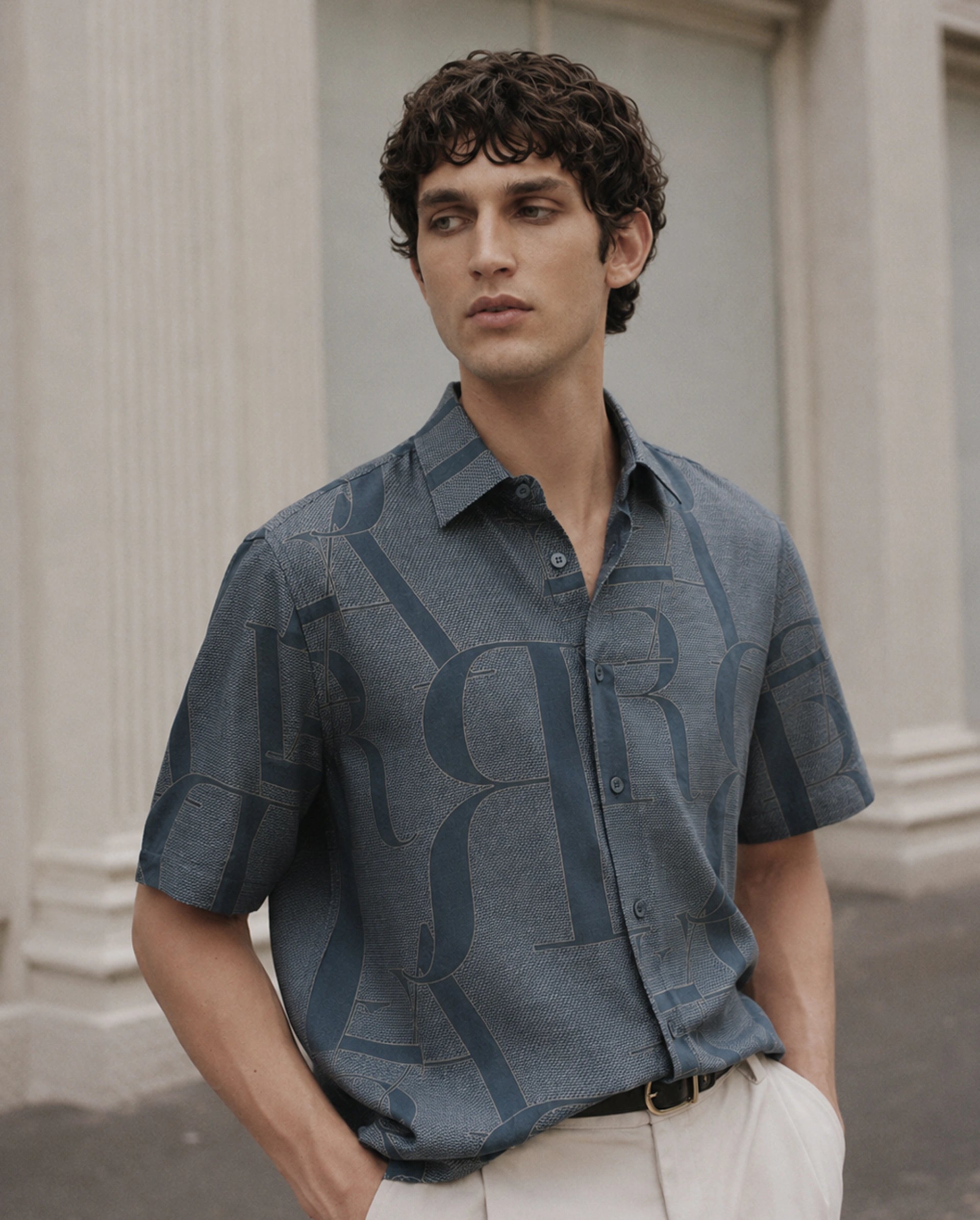 Rare Rabbit Men's Raro-Ss Dusky Blue Viscose Spread Collar Button Regular Monogram Print Shirt