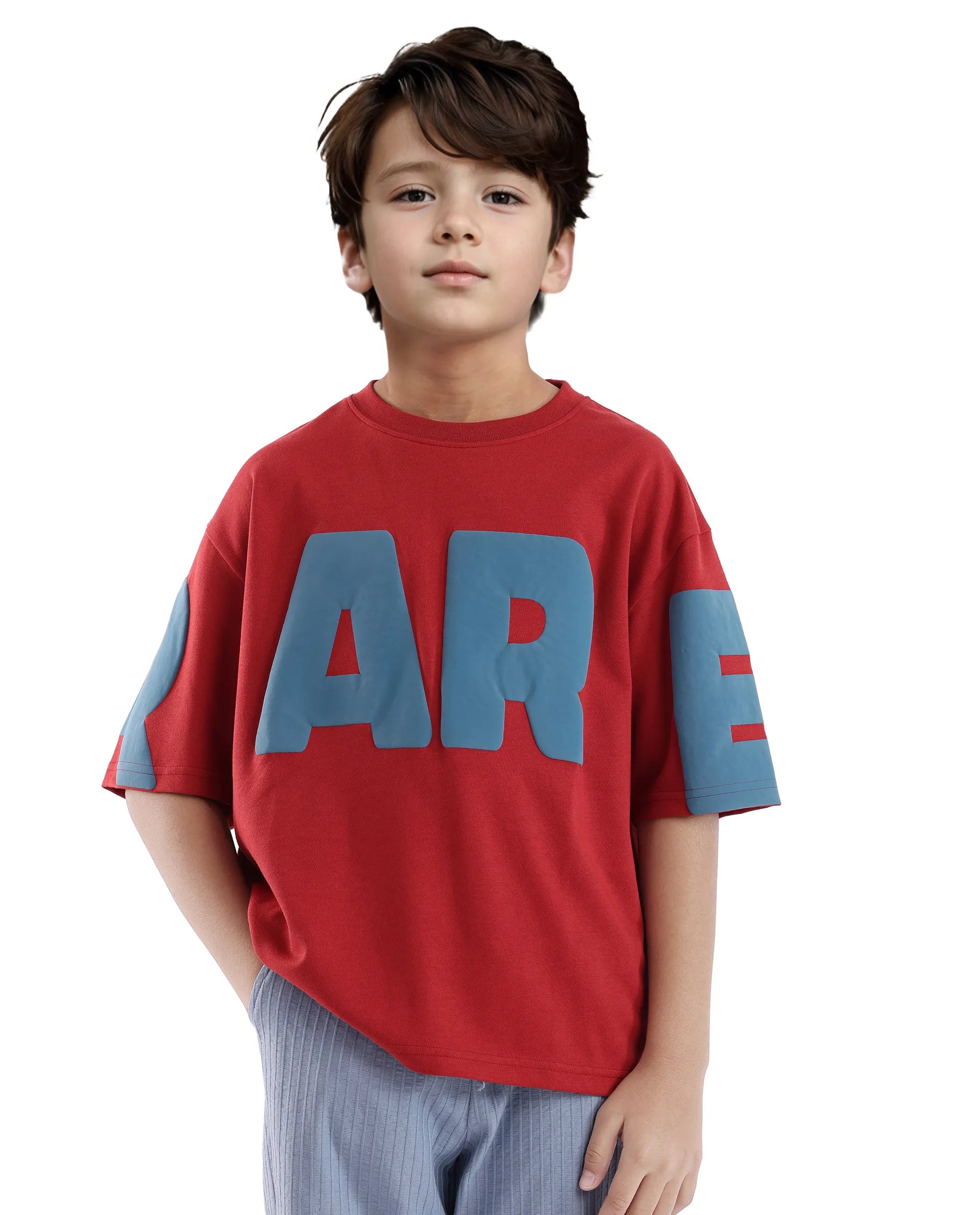 Rare Ones Kids Ras Dark Red Cotton Short Sleeve Crew Neck Placement Print Boxy Fit T-Shirt