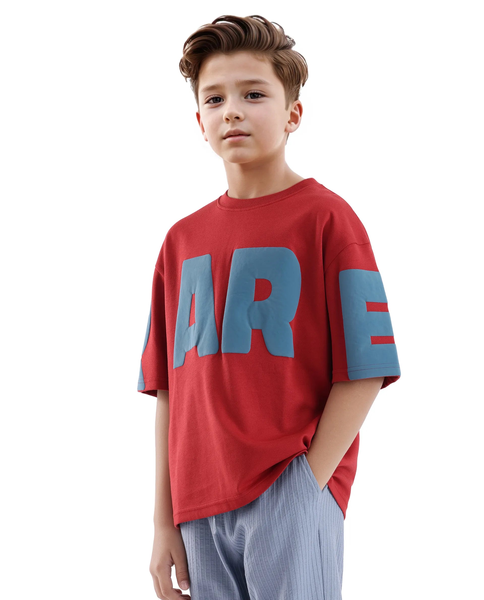 Rare Ones Kids Ras Dark Red Cotton Short Sleeve Crew Neck Placement Print Boxy Fit T-Shirt