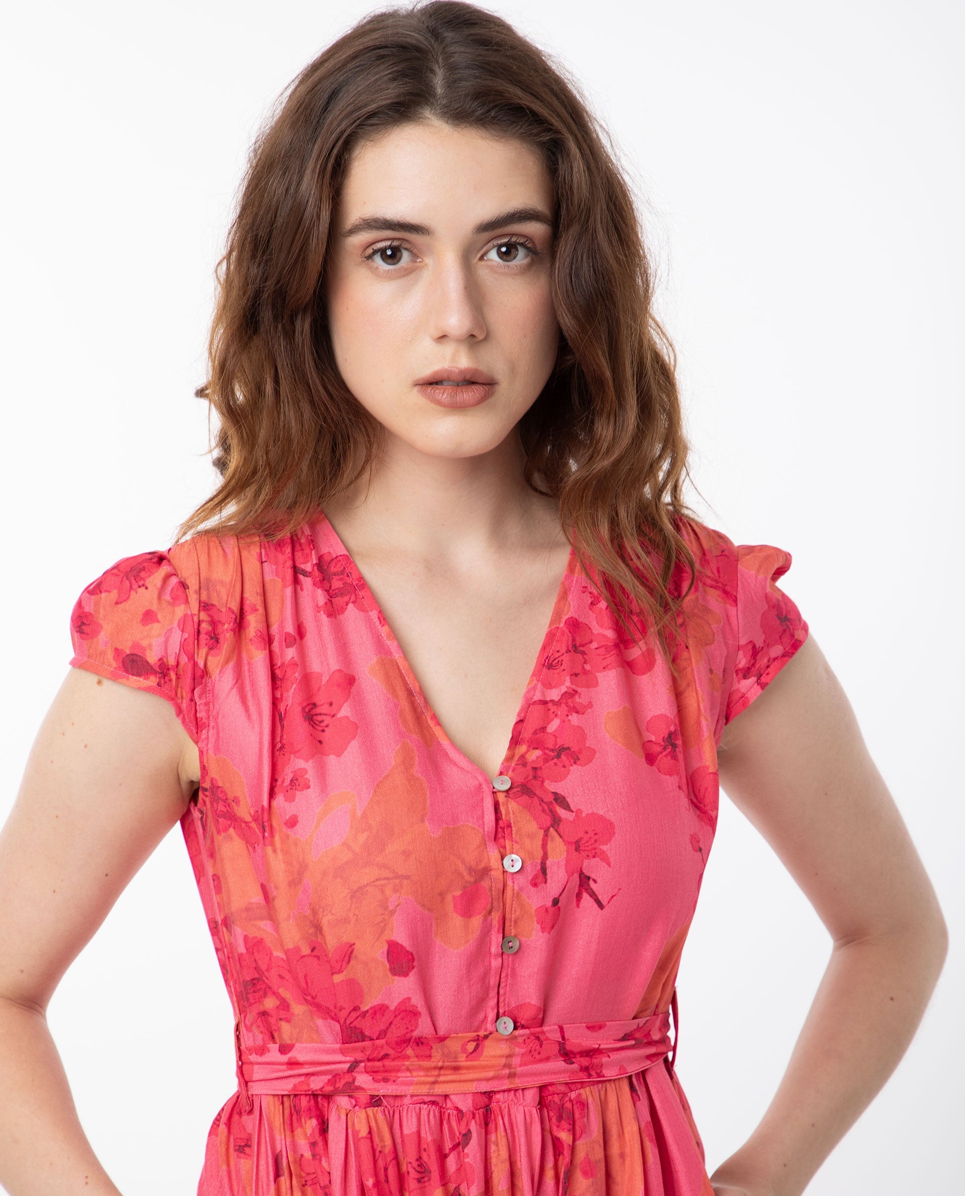 Rareism Women Rauena Pink Poly Viscose Fabric Short Sleeves Button Closure V-Neck Cap Sleeve Regular Fit Floral Print Midi Empire Dress