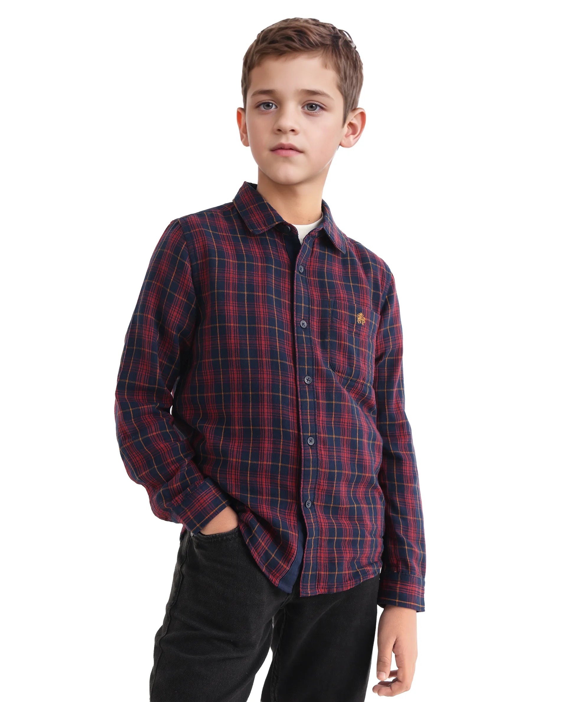 Rare Ones Kids Rava Navy Cotton Checked Button Closure Regular Fit Shirt