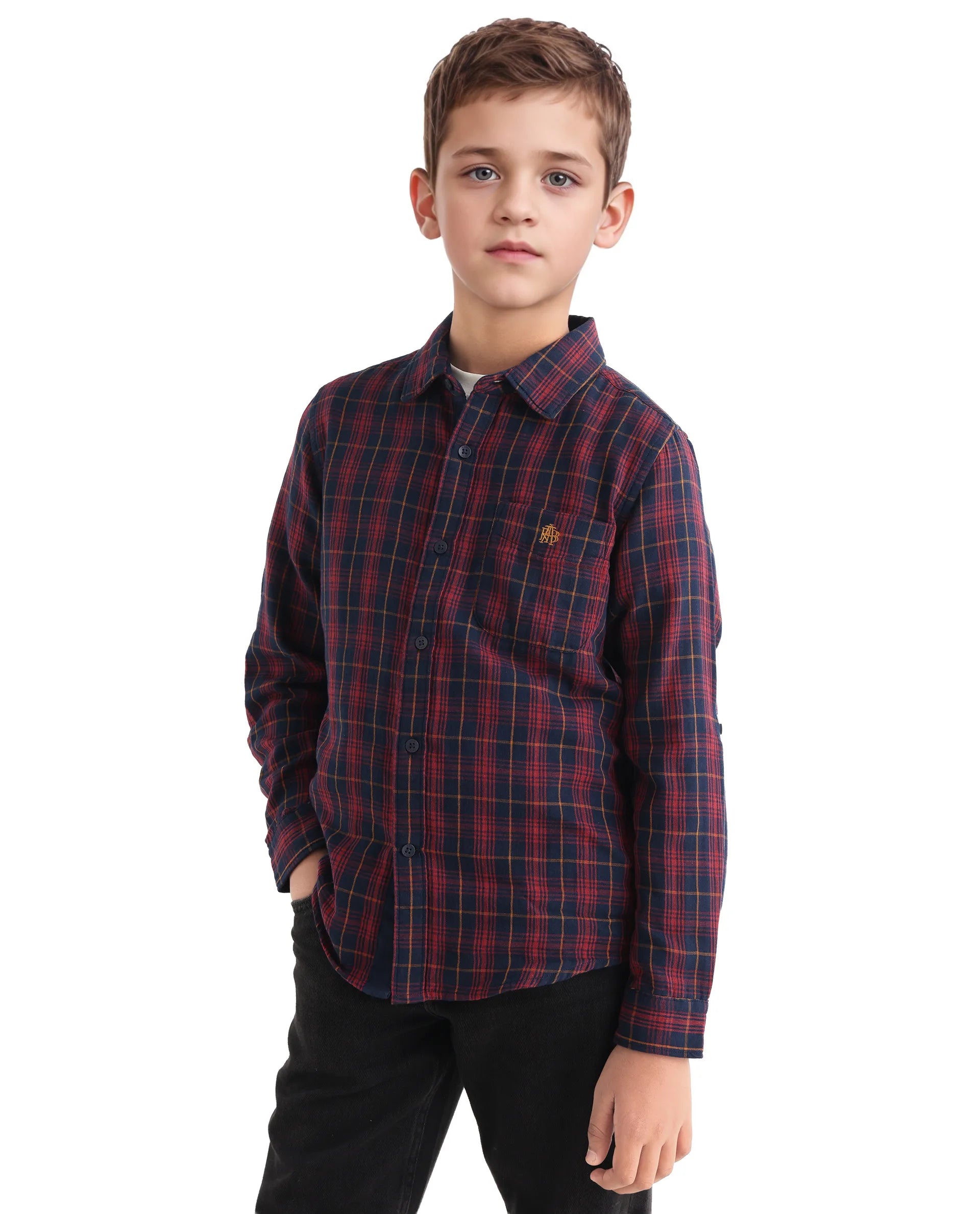 Rare Ones Kids Rava Navy Cotton Checked Button Closure Regular Fit Shirt