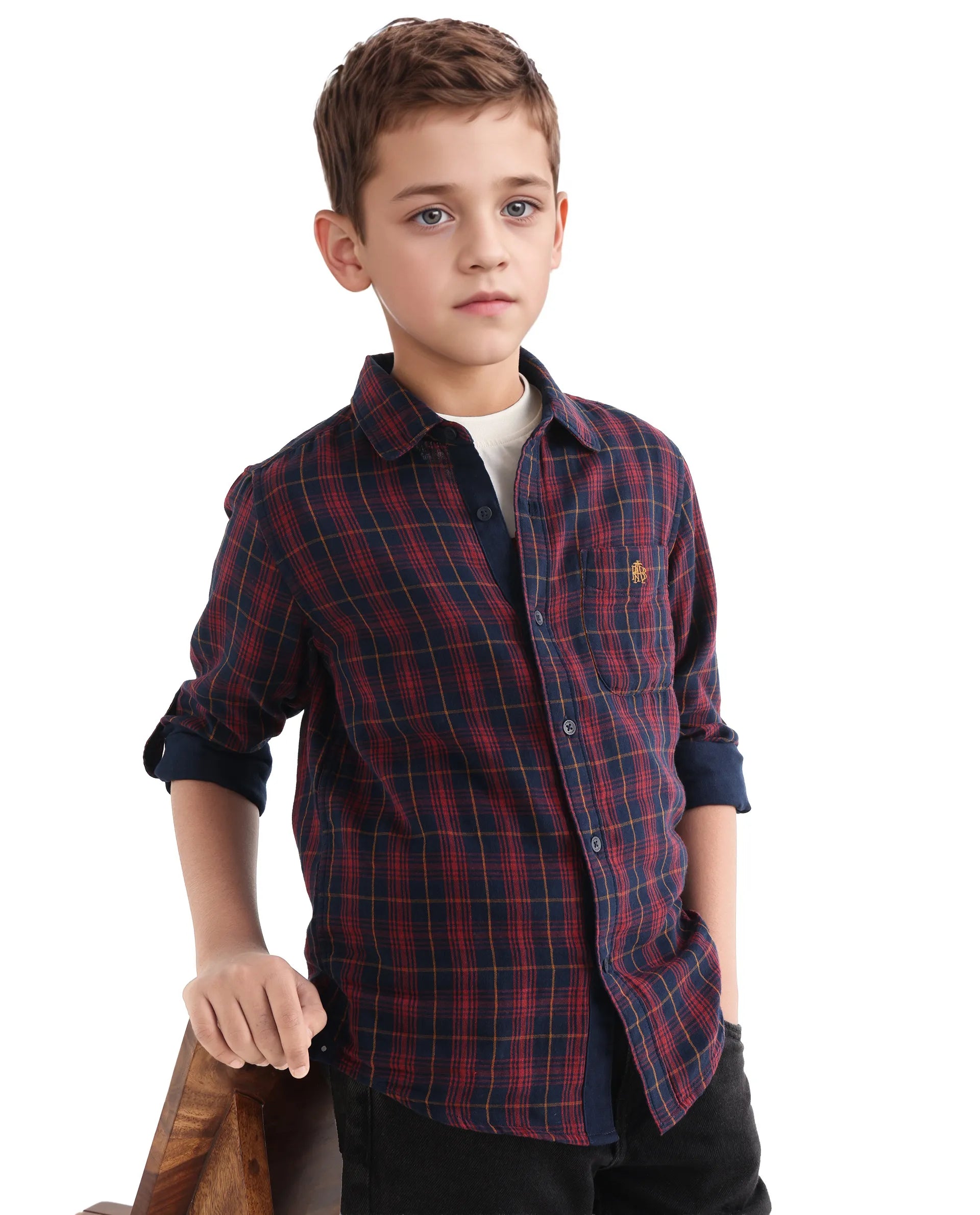 Rare Ones Kids Rava Navy Cotton Checked Button Closure Regular Fit Shirt