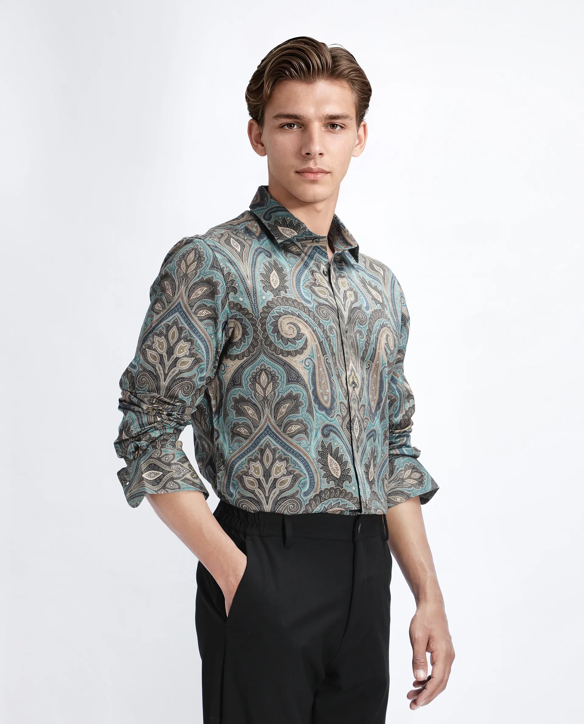 Rare Rabbit Men's Raves Green Cotton Paisley Print Regular Fit Full Sleeve Collared Shirt