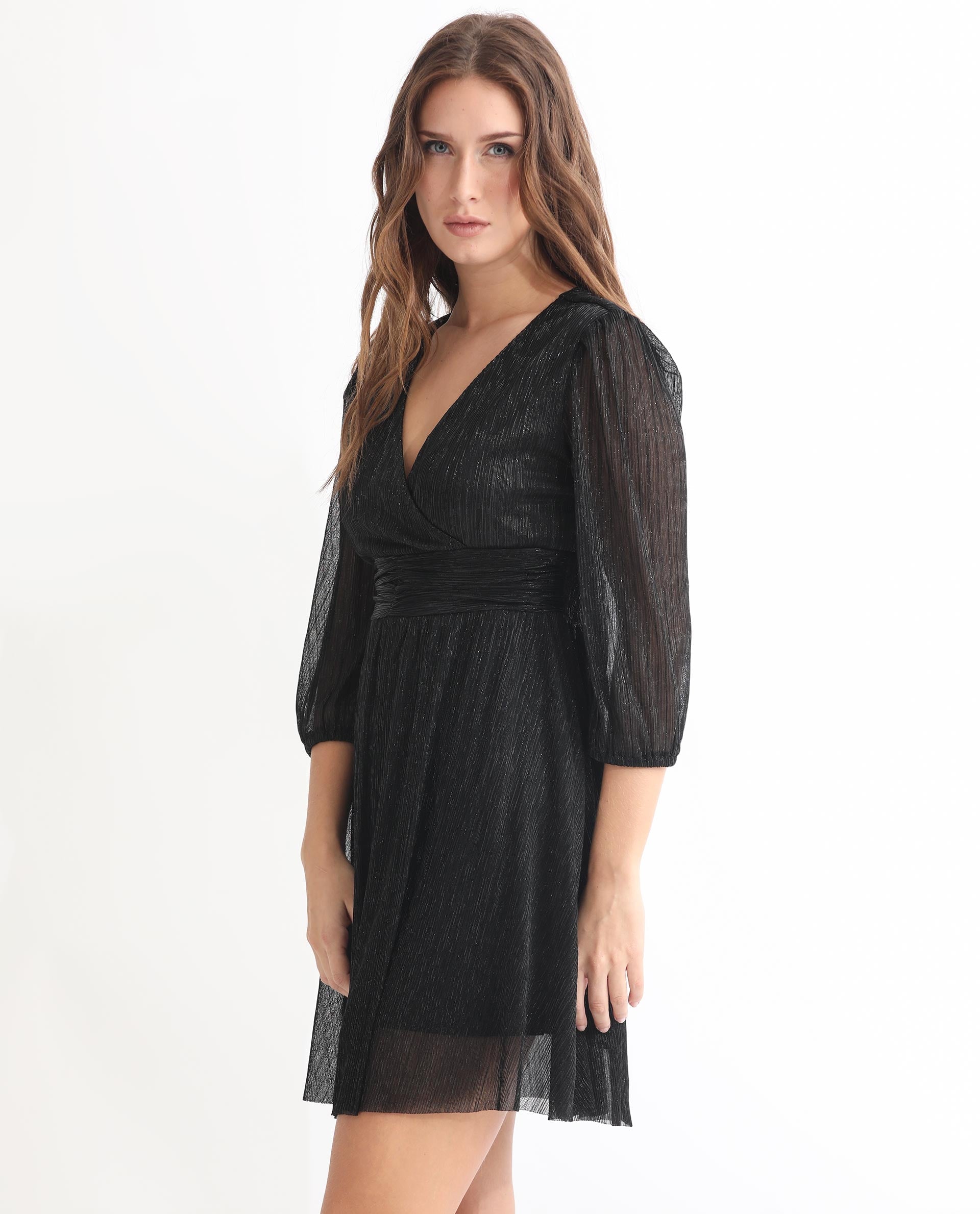 Rareism Women Ravin Metallic Black V Neck 3/4 Sleeves Shimmer Mini Party Dress