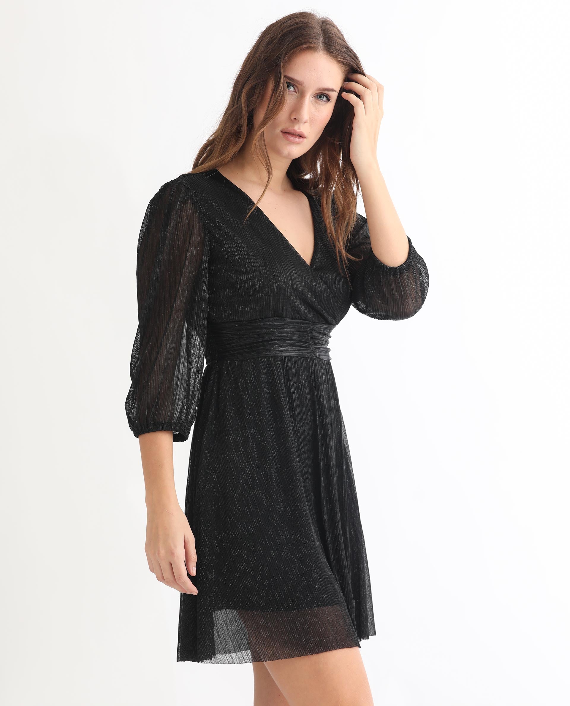 Rareism Women Ravin Metallic Black V Neck 3/4 Sleeves Shimmer Mini Party Dress