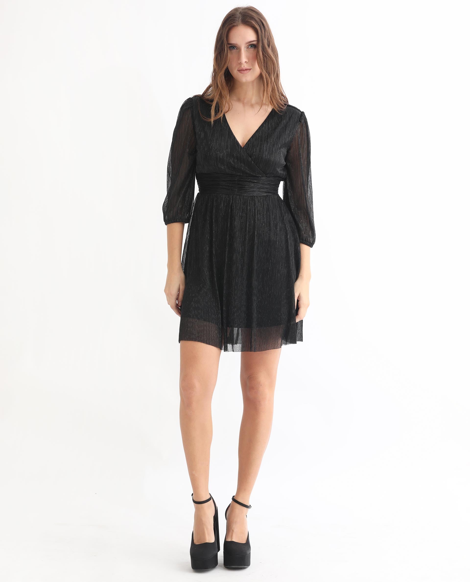 Rareism Women Ravin Metallic Black V Neck 3/4 Sleeves Shimmer Mini Party Dress