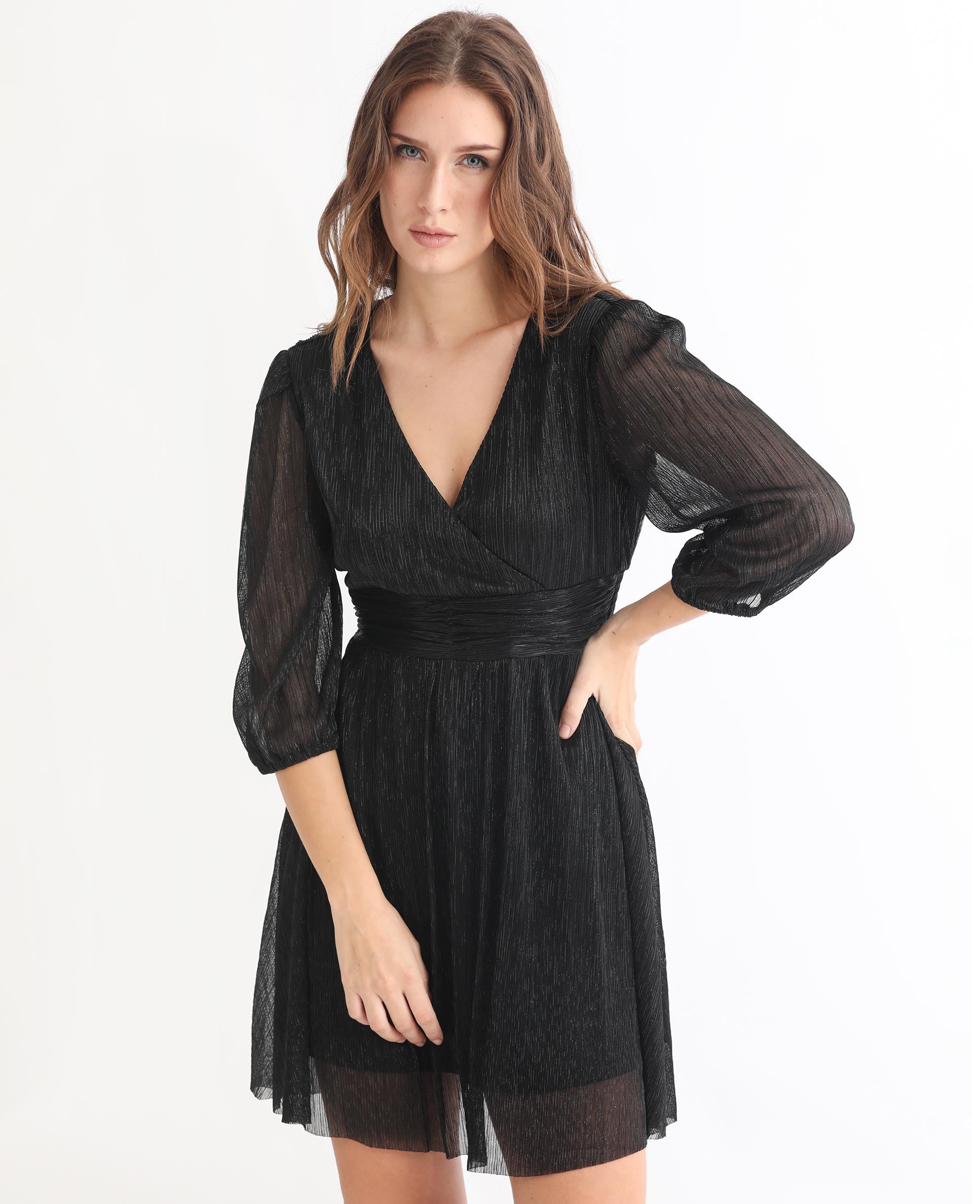 Rareism Women Ravin Metallic Black V Neck 3/4 Sleeves Shimmer Mini Party Dress