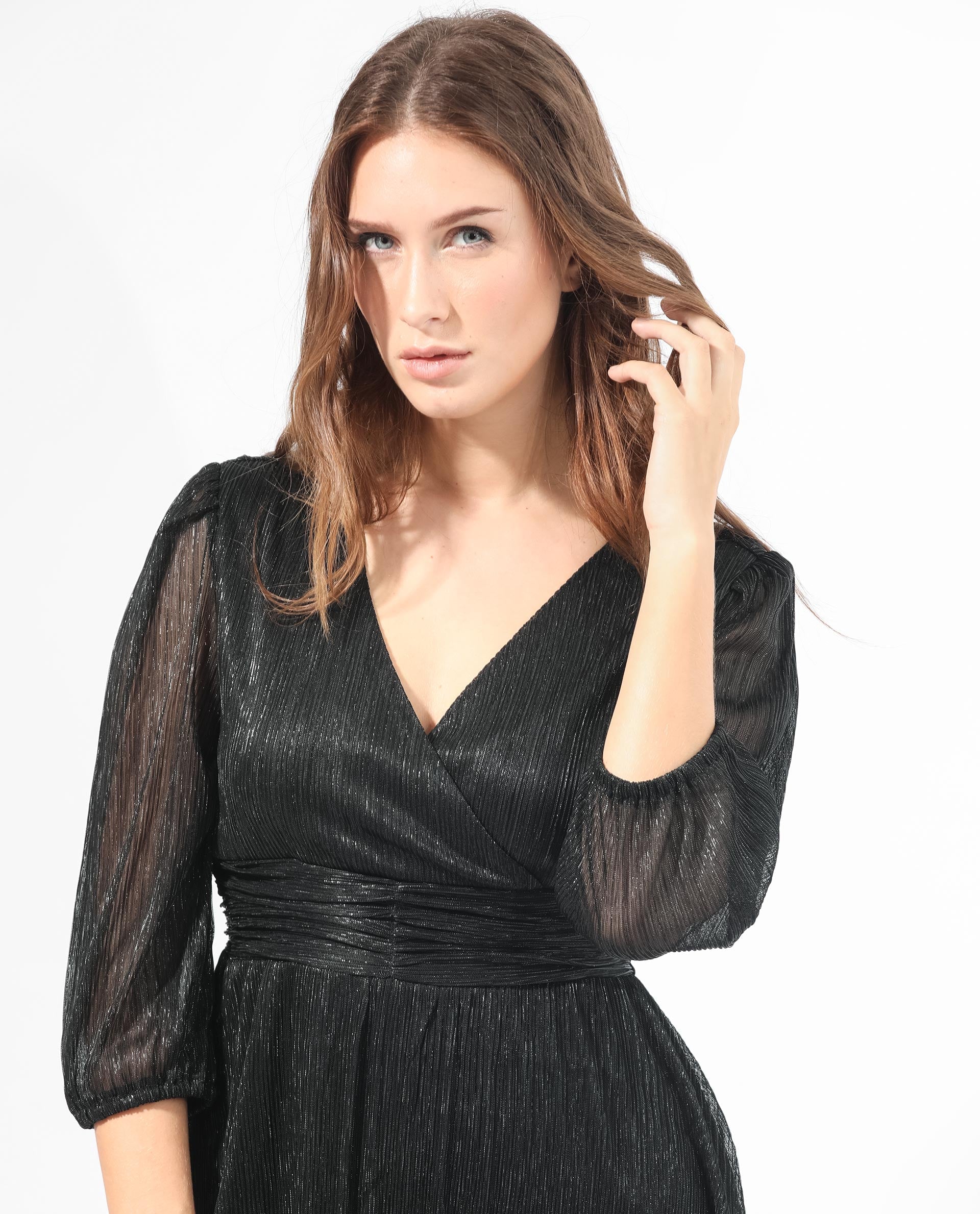 Rareism Women Ravin Metallic Black V Neck 3/4 Sleeves Shimmer Mini Party Dress