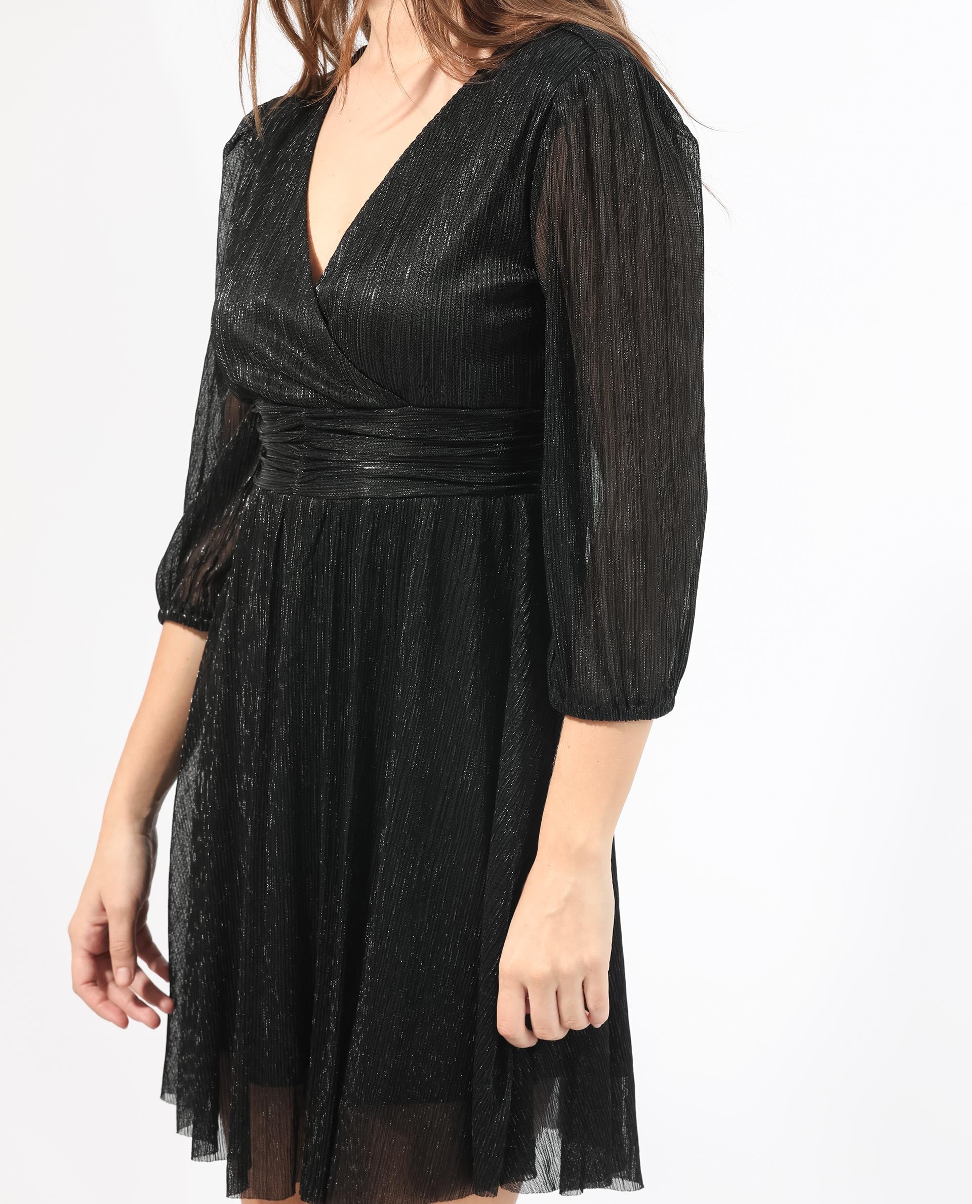 Rareism Women Ravin Metallic Black V Neck 3/4 Sleeves Shimmer Mini Party Dress