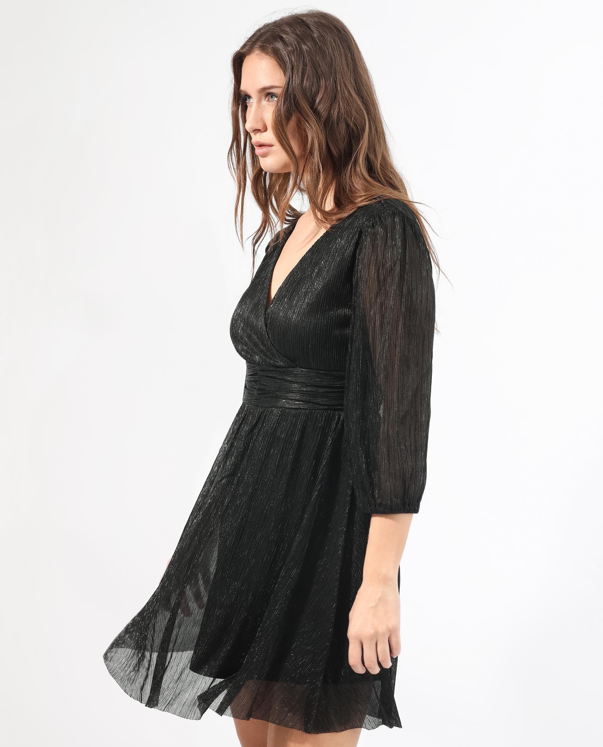 Rareism Women Ravin Metallic Black V Neck 3/4 Sleeves Shimmer Mini Party Dress