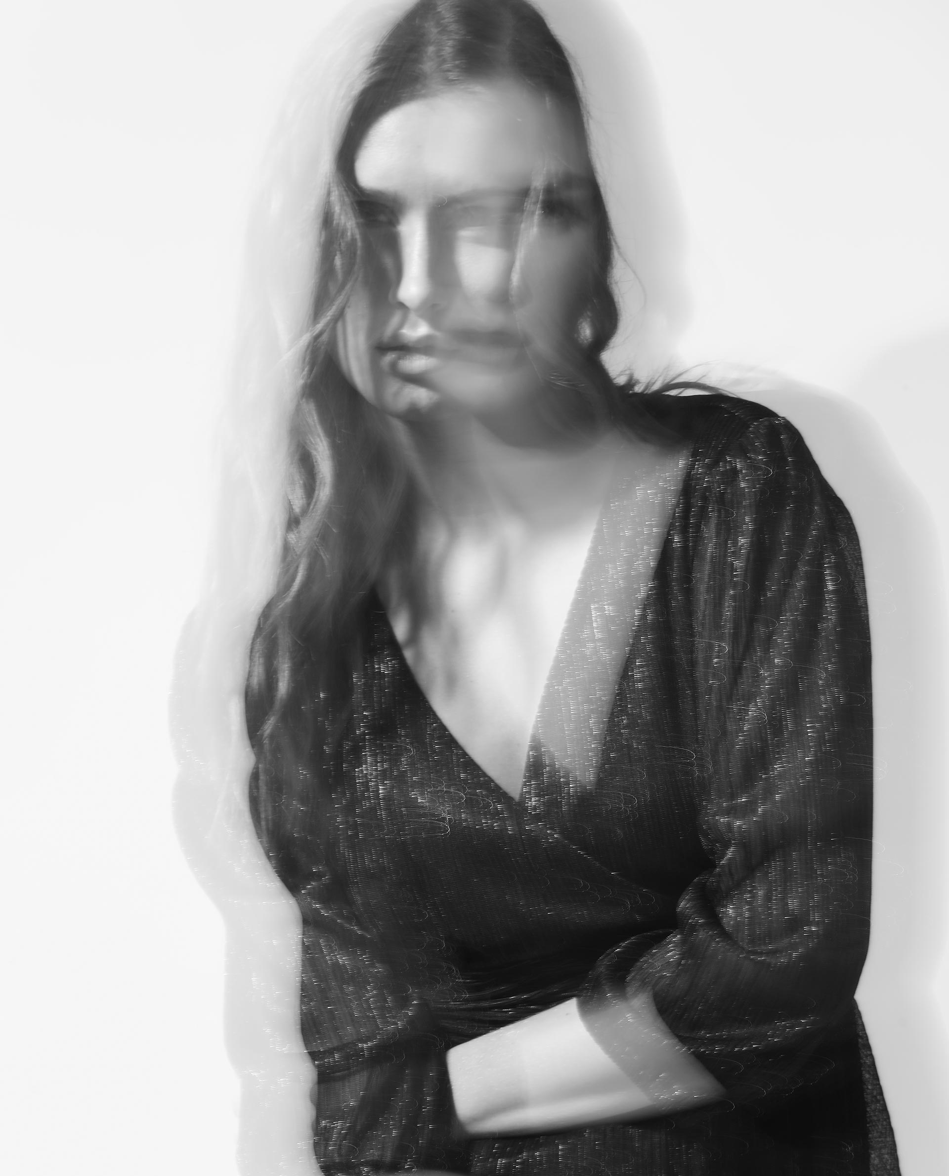 Rareism Women Ravin Metallic Black V Neck 3/4 Sleeves Shimmer Mini Party Dress