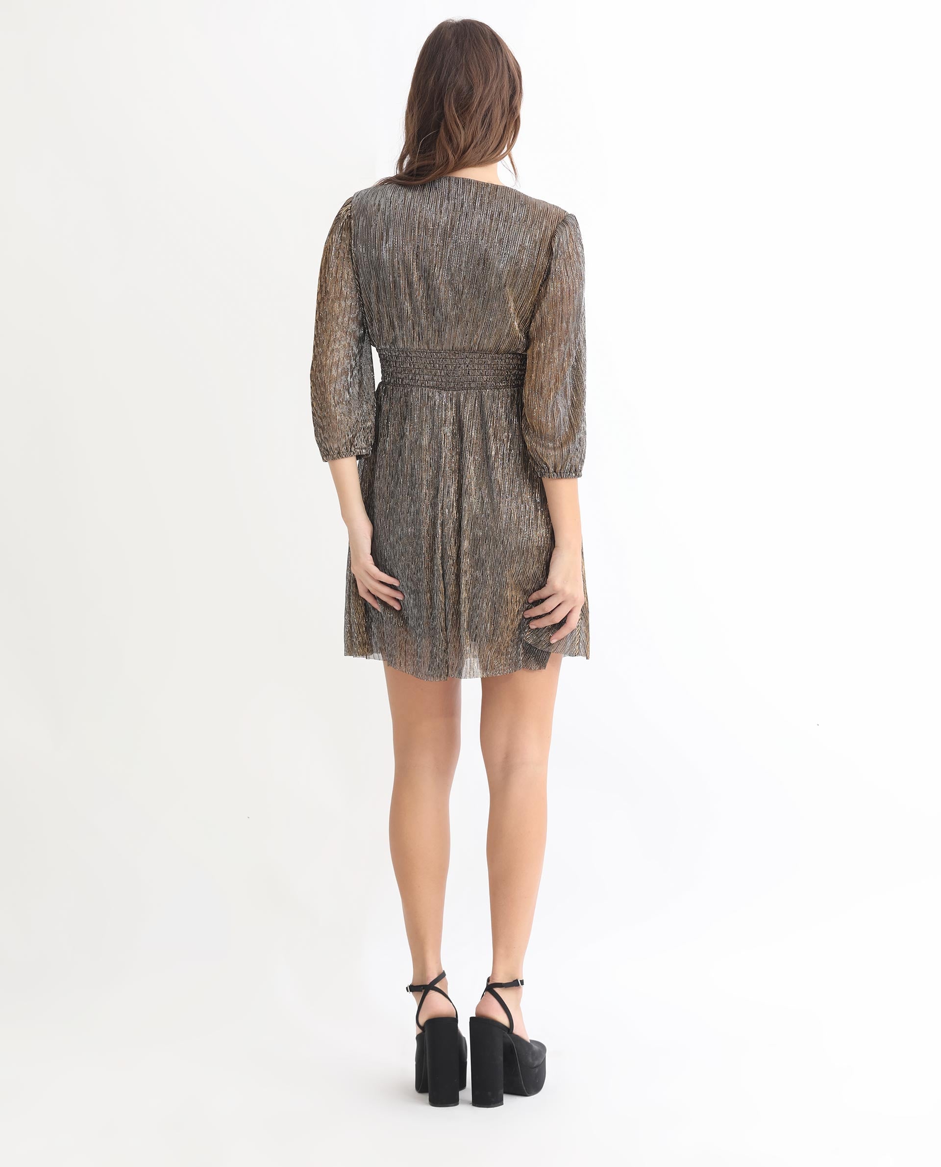Rareism Women Ravin Metallic Gold V Neck 3/4 Sleeves Shimmer Mini Party Dress