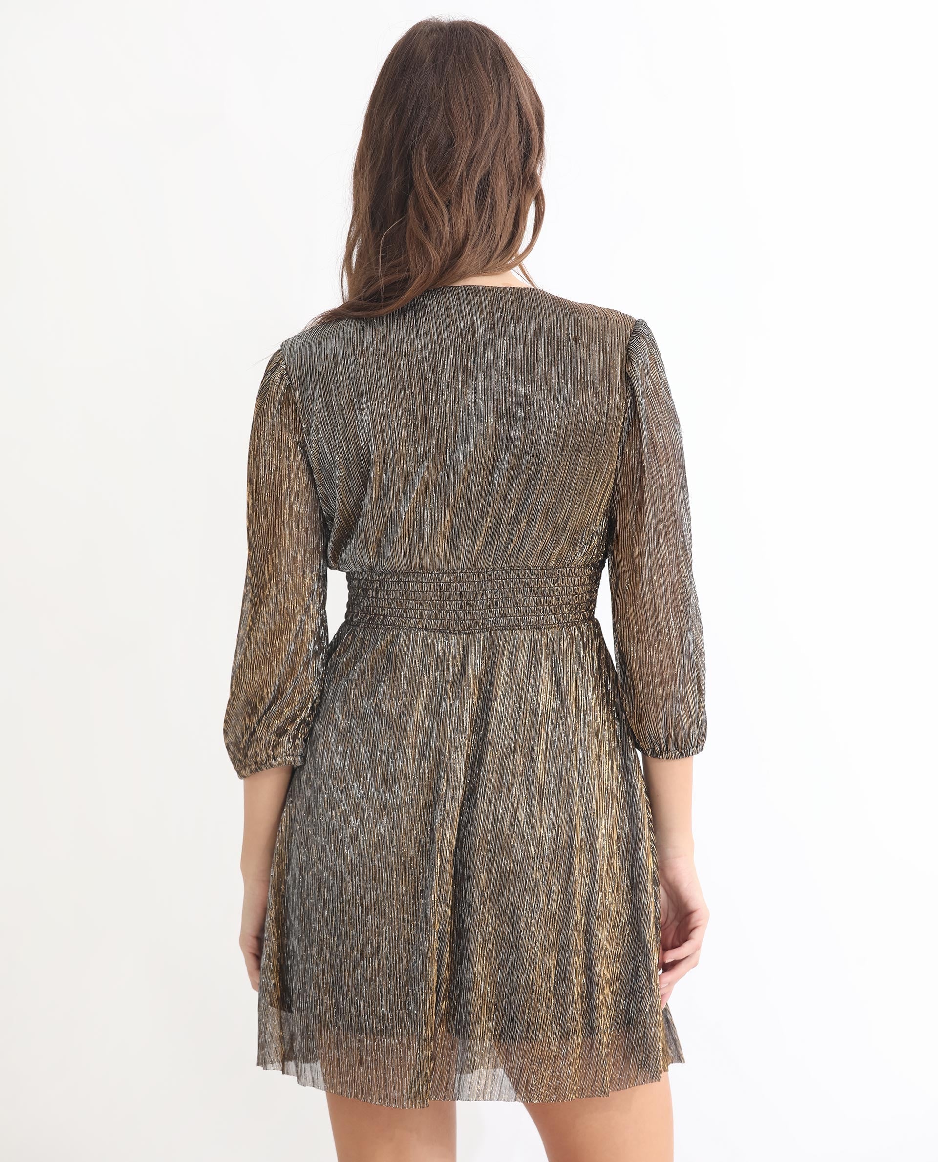 Rareism Women Ravin Metallic Gold V Neck 3/4 Sleeves Shimmer Mini Party Dress