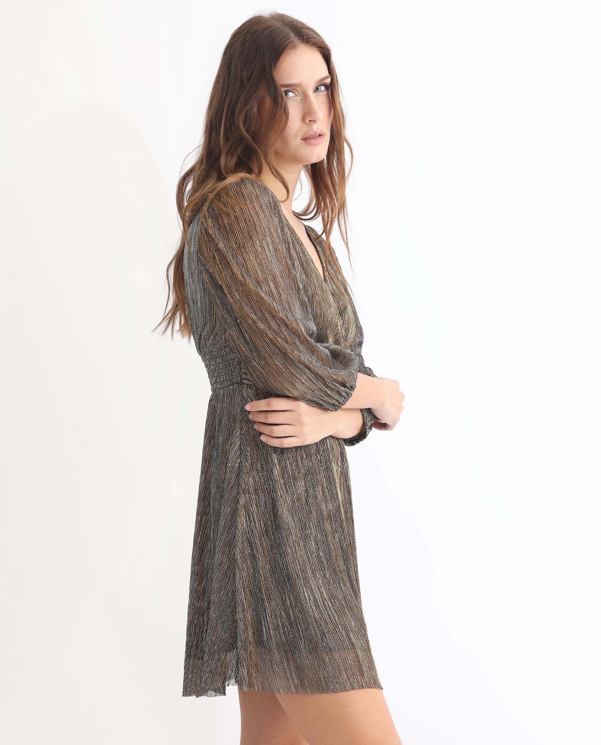 Rareism Women Ravin Metallic Gold V Neck 3/4 Sleeves Shimmer Mini Party Dress