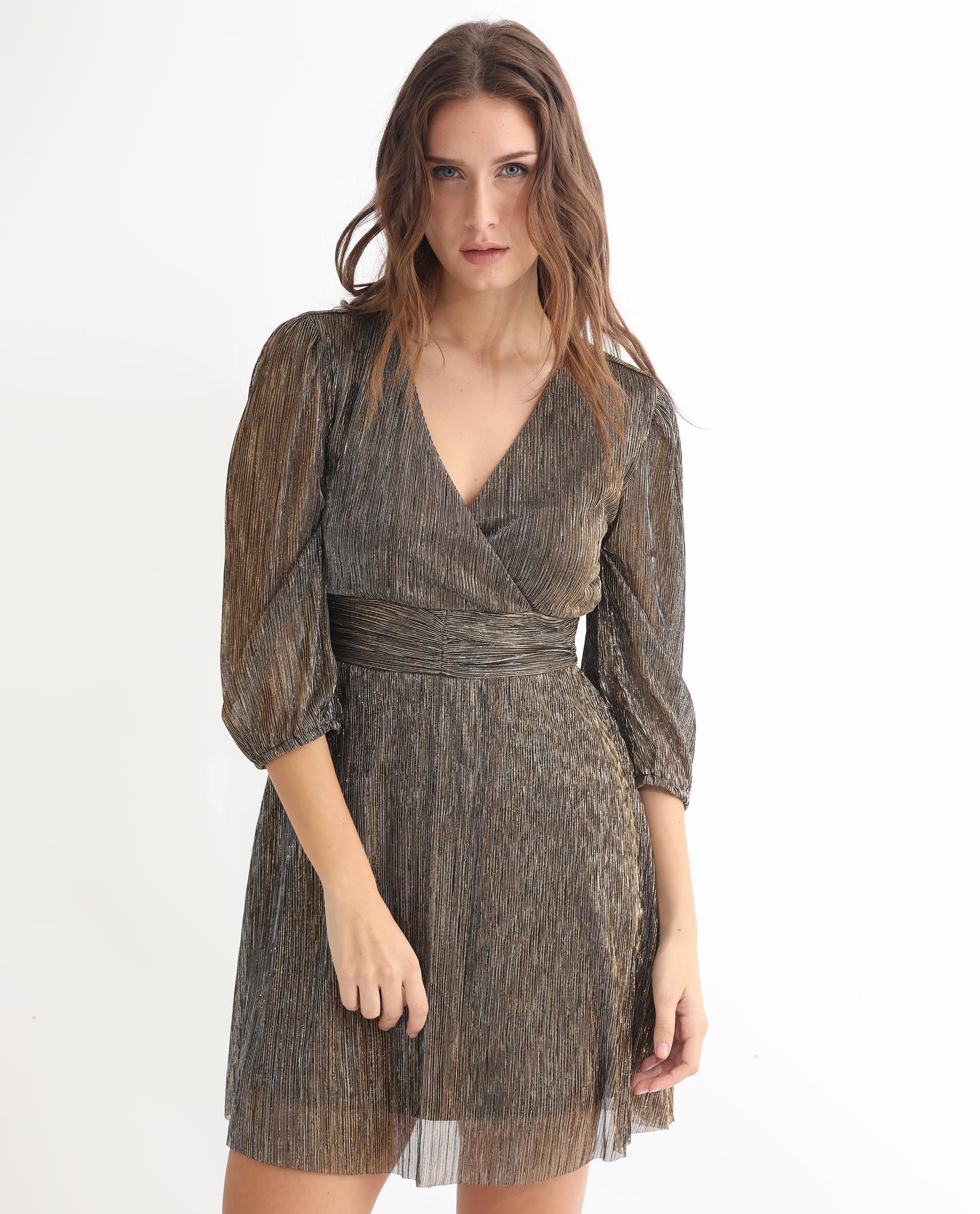 Rareism Women Ravin Metallic Gold V Neck 3/4 Sleeves Shimmer Mini Party Dress
